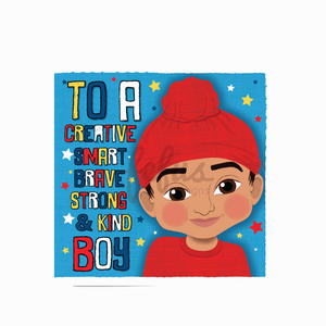 A soulful square birthday card featuring a hand-drawn illustration of a young South Asian boy in a traditional dhoti with a topknot, part of the Heritage Hero Collection by Fefus Designs.
