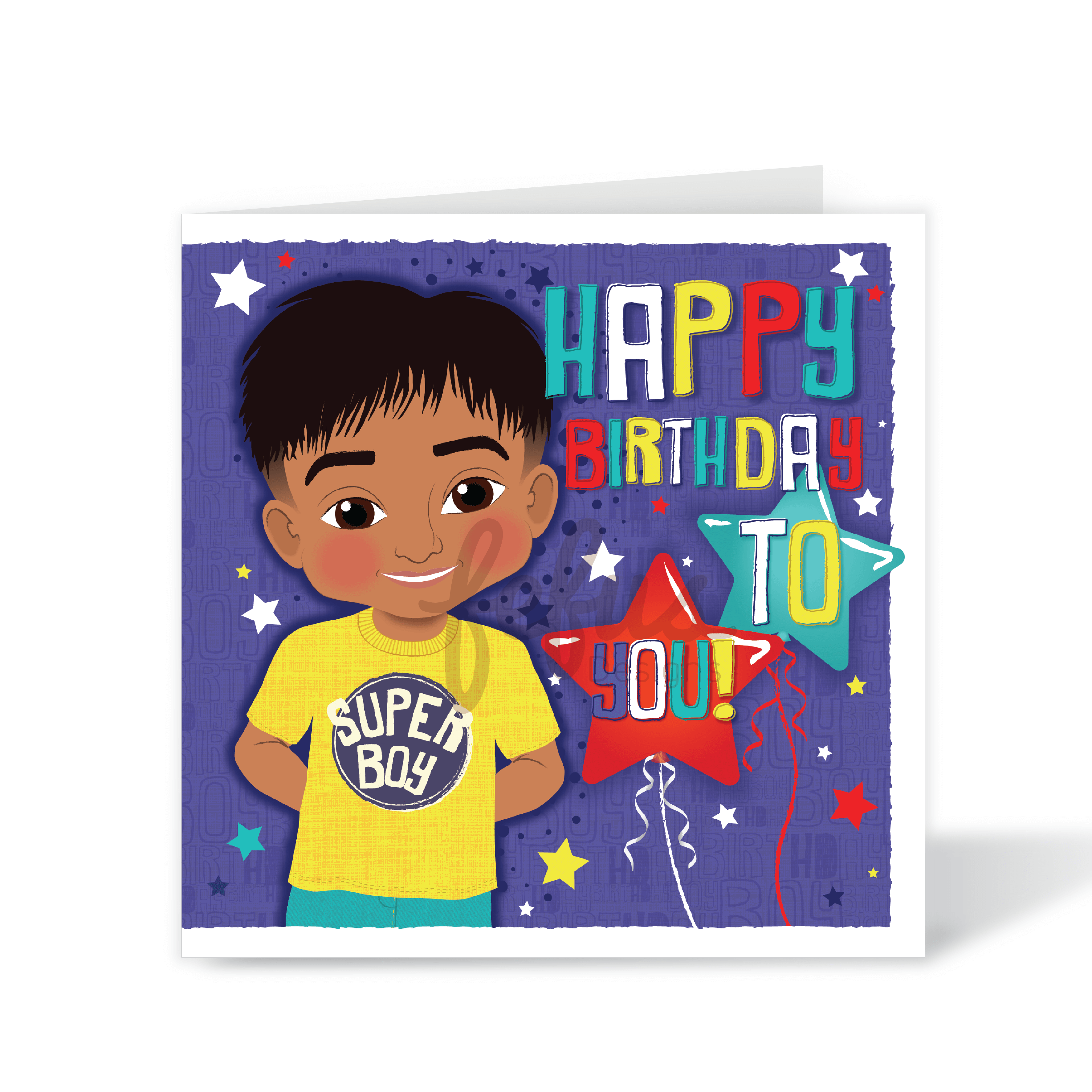 A vibrant square birthday card for boys, featuring a hand-drawn illustration of a joyful South Asian boy surrounded by colourful patterns and the text "Happy Birthday To You," part of the Heritage Hero Collection by Fefus Designs.