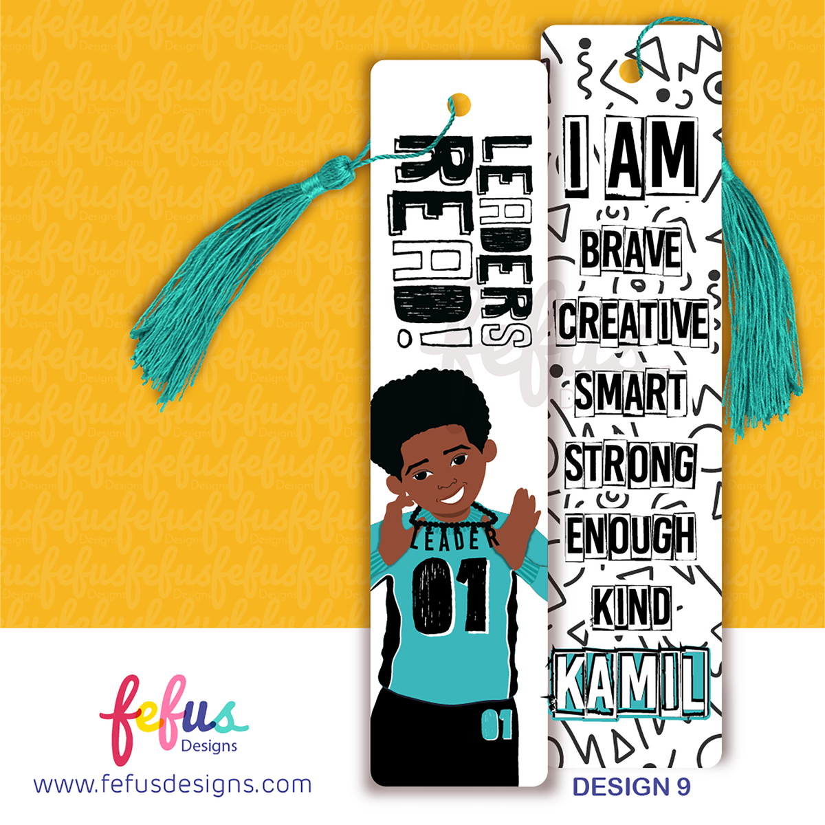 Personalised bookmark for boys with affirmations, featuring a brown children's characters