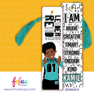 Personalised bookmark for boys with affirmations, featuring a brown children's characters