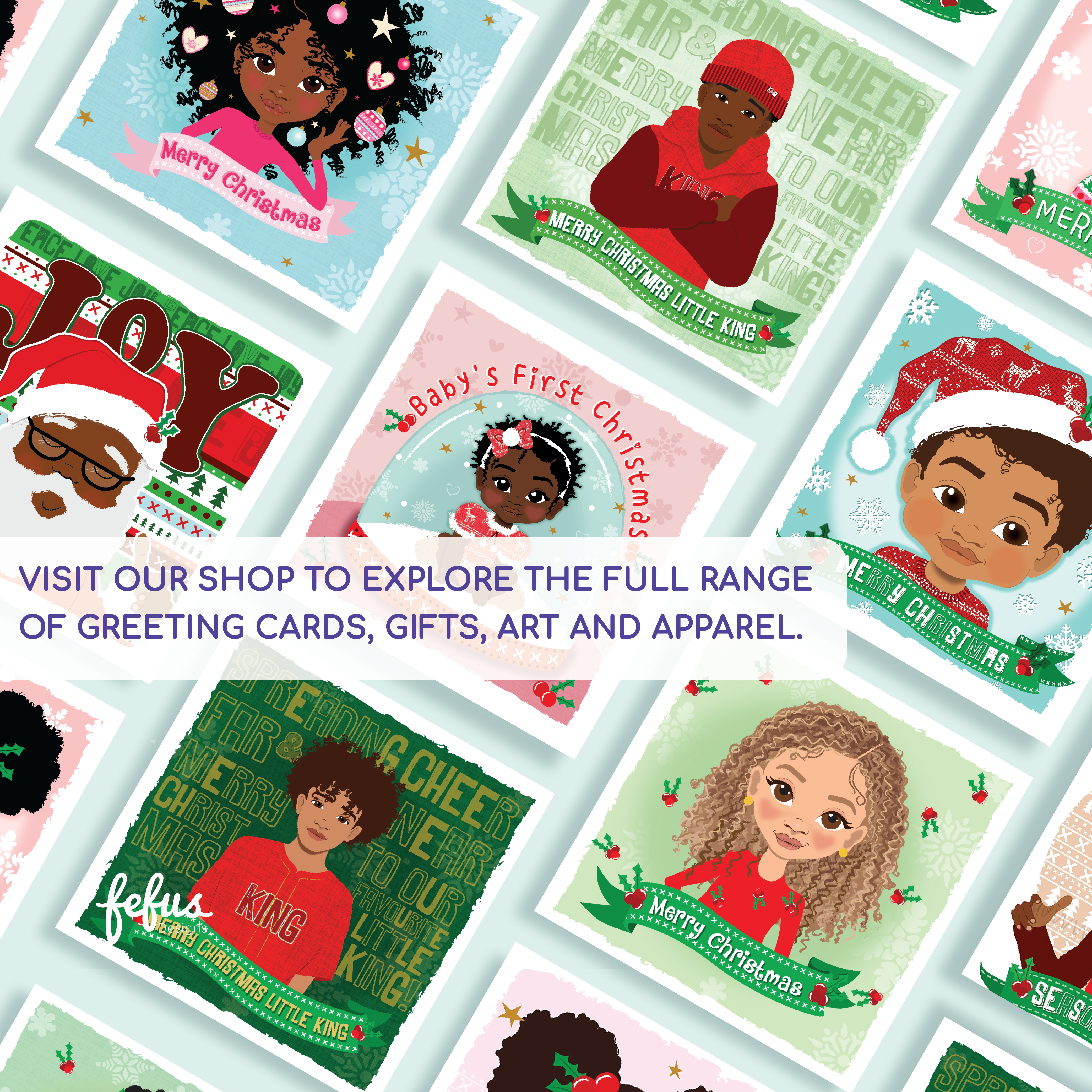 Merry Christmas Black Afro Princess Card | Diverse Kids Holiday Greeting | Fefus Designs