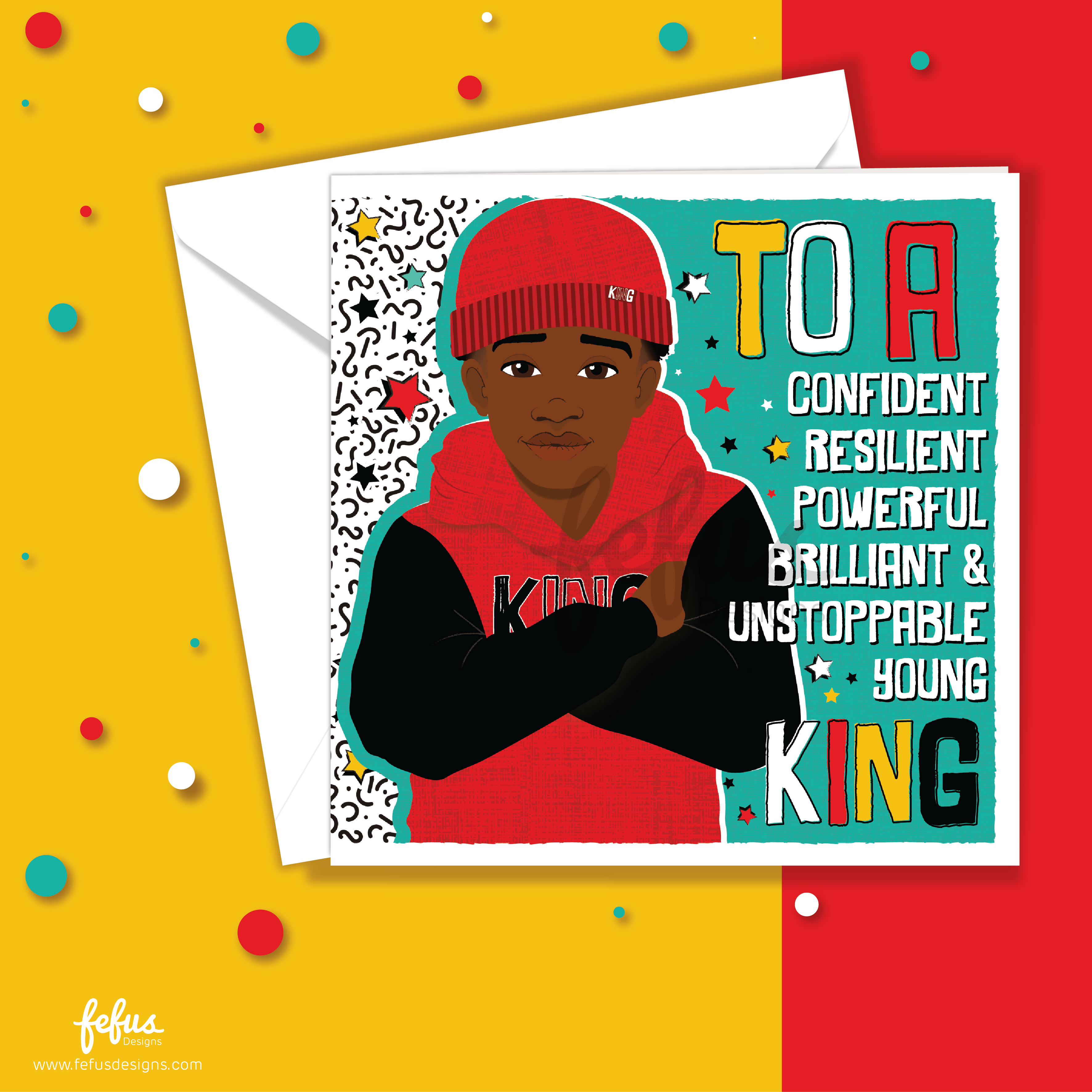 Card with a young black boy, tween/ teenager in a red hoodie and red beanie on a colourful background. Close-up illustration of Black boy with natural hair and winter outfit – empowering boys greeting card