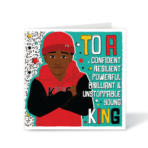Greeting card with a young boy in a red hoodie and red beanie, surrounded by colourful text and graphics. Black boy in red jumper and knitted hat – Brilliant Boy affirmation birthday card by Fefus Designs