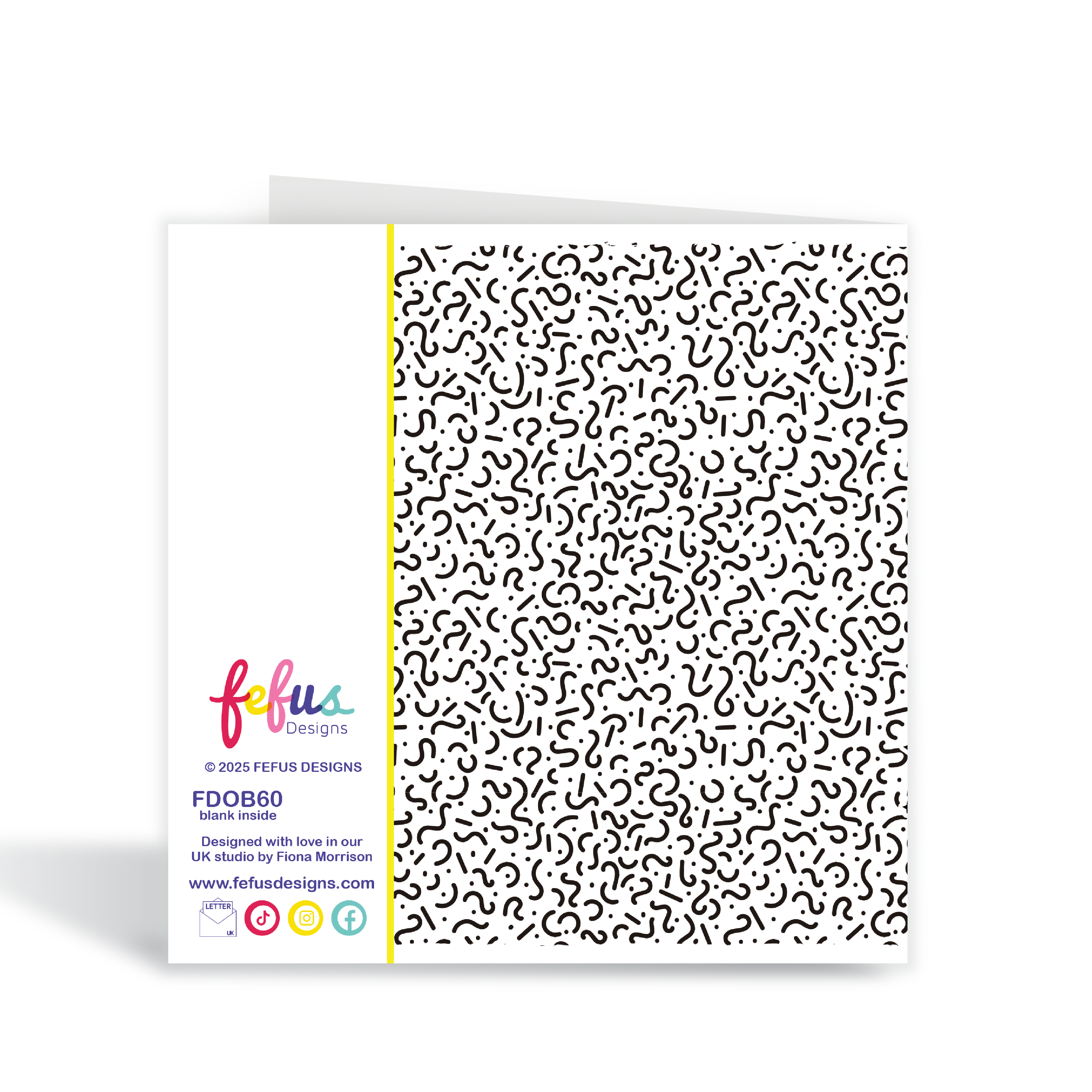 Greeting card with black pattern on white background, featuring fefus designs branding. Square greeting card with envelope – Brilliant Boy Black boy birthday card