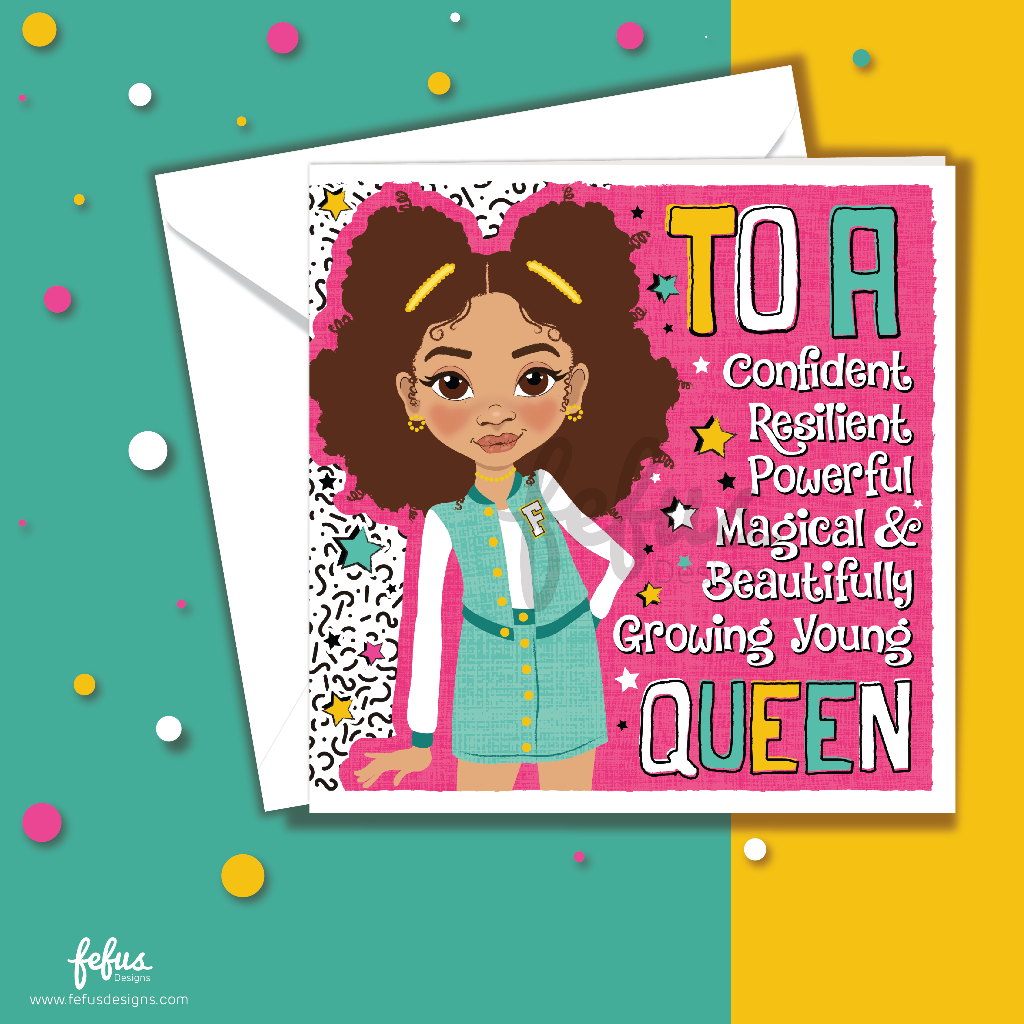 Greeting card with a young girl illustration and text on a colorful background, Close-up of illustration showing Afro-textured hair and bright turquoise outfit – empowering girls card by fefus designs