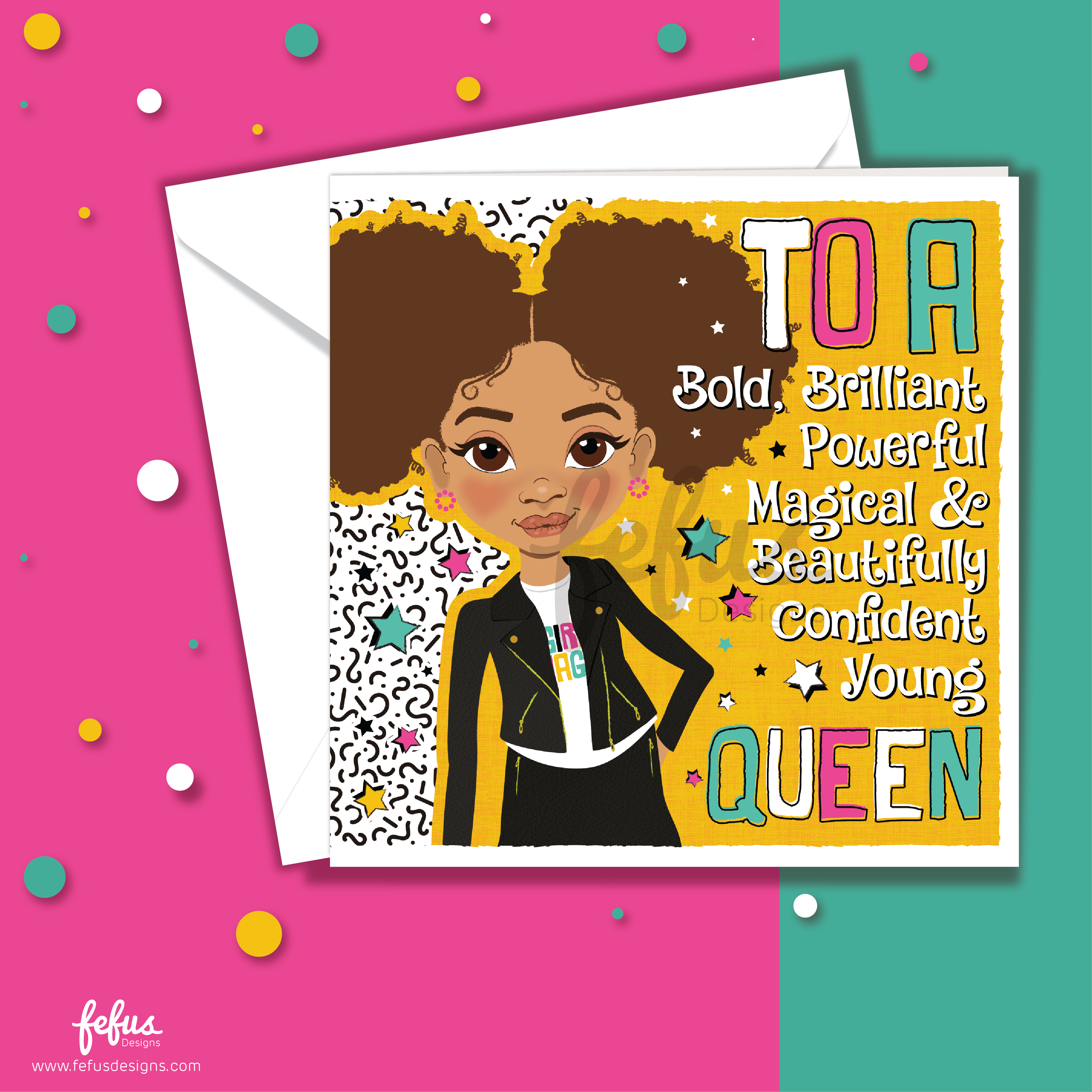 Greeting card with a young girl's illustration and text on a colourful background. Close-up of Afro puffs hairstyle and biker outfit illustration – empowering girls greetings card