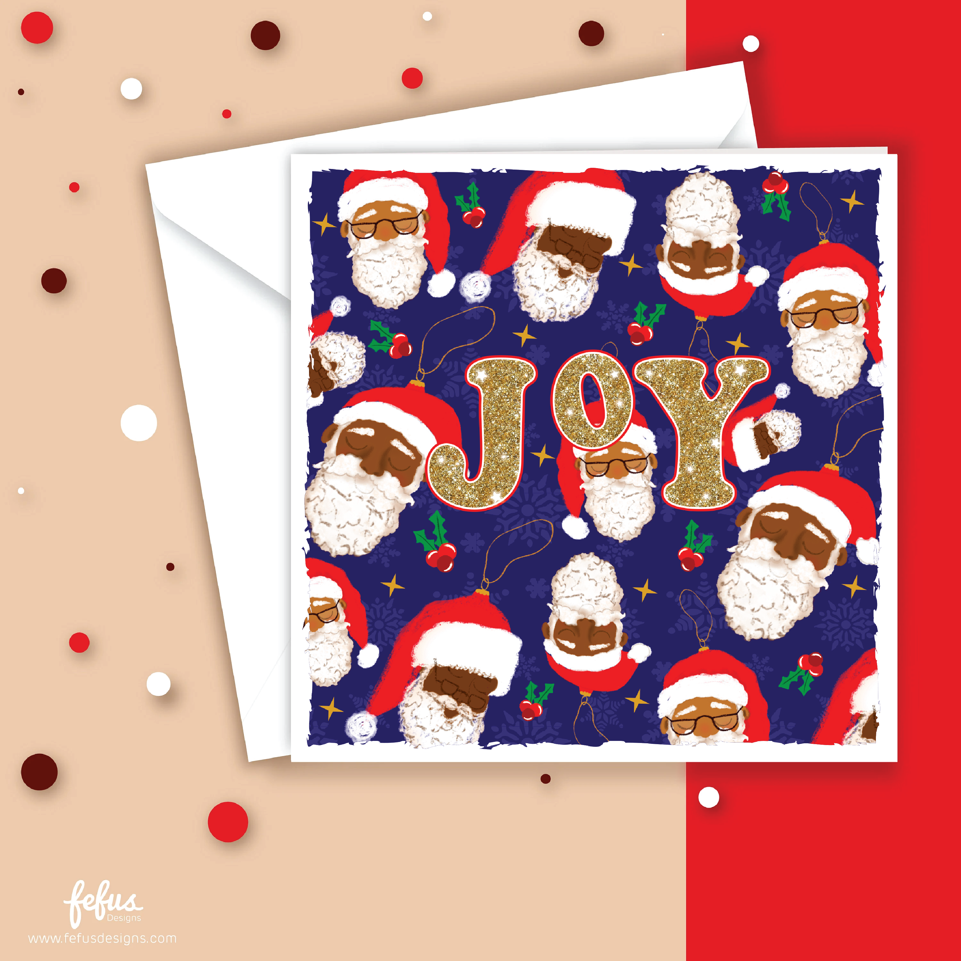 Black Santa Joy Christmas Card – Diverse Inclusive Holiday Greeting | Fefus Designs