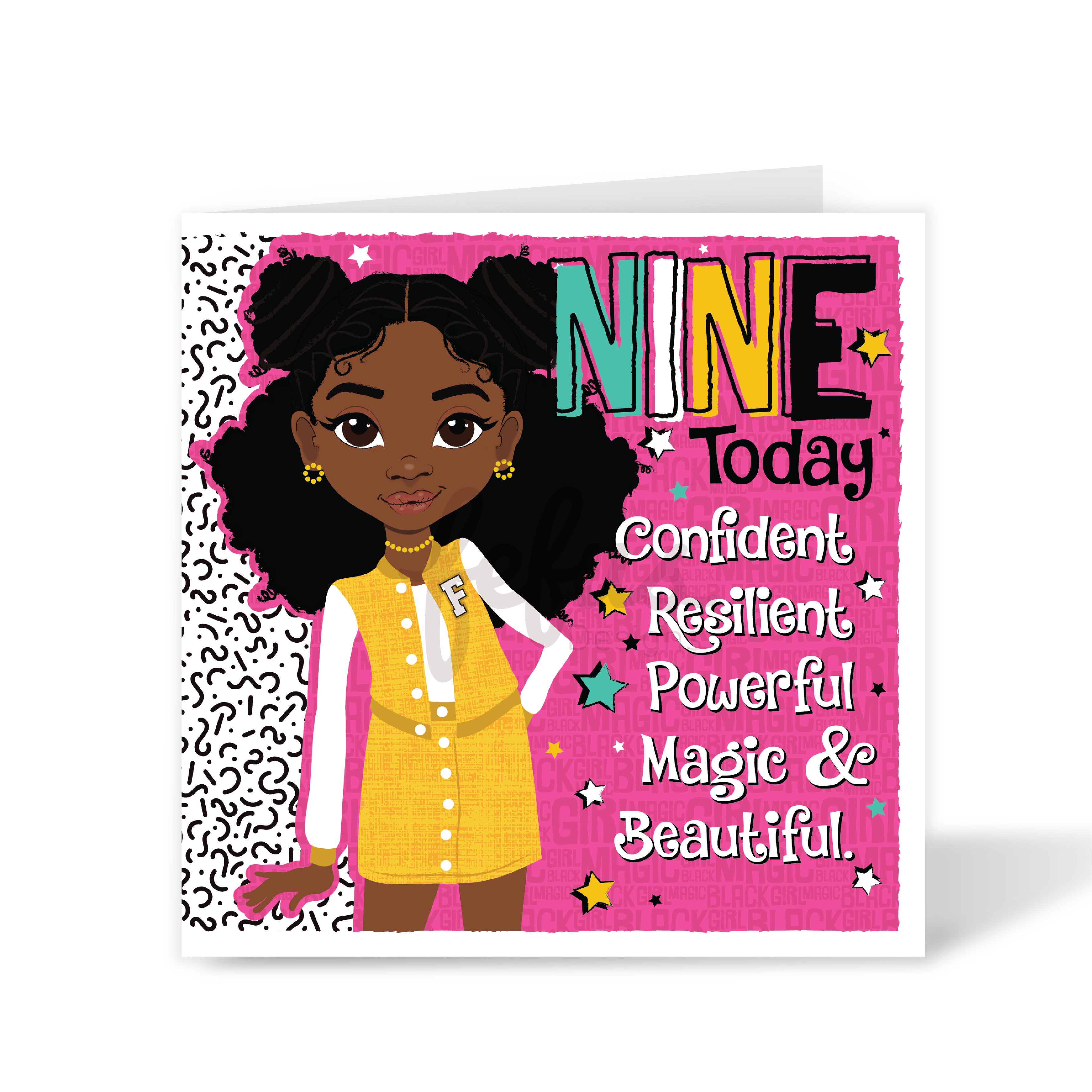 Black girl 9th birthday card with afro space buns and queen affirmation. Greeting card with a young girl in a yellow dress on a pink background with text.