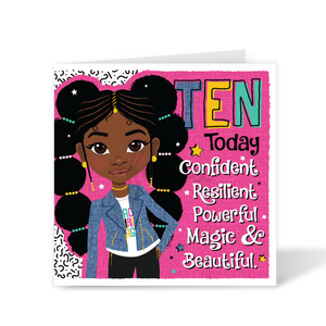 Black girl 10th birthday card with Fulani pigtails and pink affirmation design