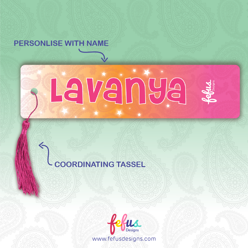 Back view of personalised Desi girl metal bookmark by Fefus Designs.  The high-gloss aluminium bookmark showcases vibrant colours, patterns and includes a matching tassel. Ideal gift for South Asian girls – perfect for birthdays, back-to-school, or party favours or a gift for a avid reader.