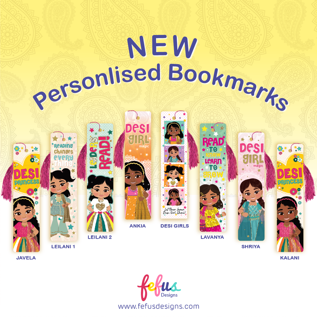 Full collection of personalised Desi girl metal bookmarks by Fefus Designs, featuring a diverse range of hand-drawn South Asian girl characters in traditional dress, accessories, and cultural details. Each high-gloss aluminium bookmark includes a matching tassel and custom name option – a perfect gift for young readers who love to see themselves represented.