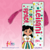 Personalised Desi girl metal bookmark by Fefus Designs featuring hand-drawn South Asian character 'leilani'. The high-gloss aluminium bookmark showcases vibrant cultural fashion and includes a matching tassel. Ideal gift for South Asian girls – perfect for birthdays, back-to-school, or party favours.