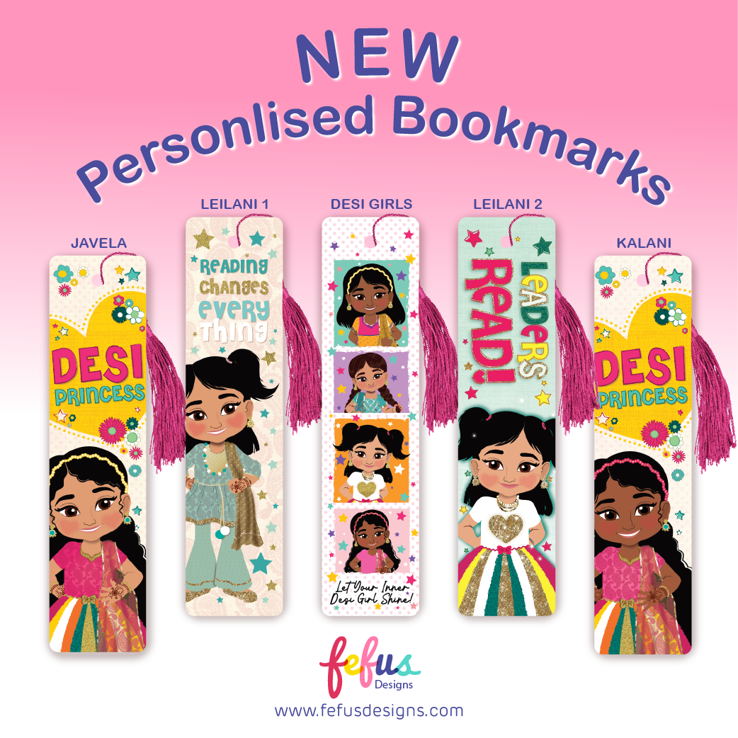 Range of 5 South Asian girl metal bookmarks by Fefus Designs, each showcasing joyful, culturally rich illustrations of Desi girls with vibrant fashion and personality. Personalised with the reader’s name and topped with a coordinating tassel, these bookmarks make meaningful gifts for children who love to read and feel seen.