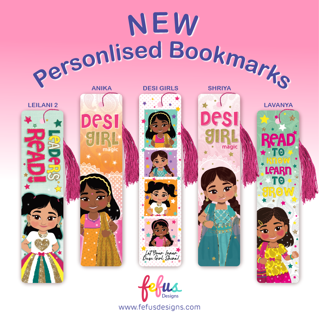 Set of 5 personalised Desi girl bookmarks by Fefus Designs, featuring unique hand-drawn South Asian characters in colourful traditional outfits and hairstyles. Each durable aluminium bookmark is finished in high gloss, includes a matching tassel, and can be customised with your child’s name – perfect for inspiring young South Asian readers.