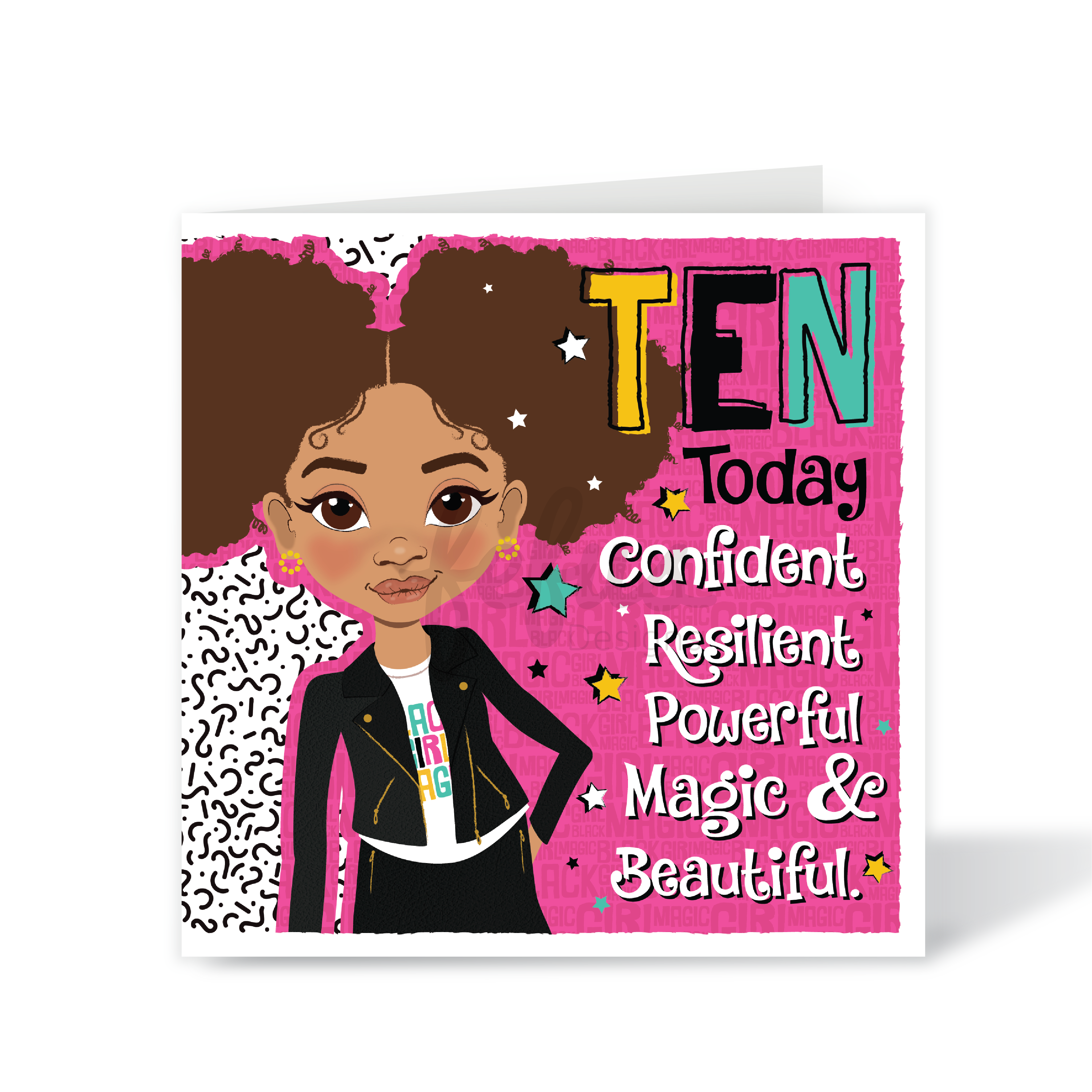 Card with a young mixed race girl with afro puff. Illustration and text on a pink background