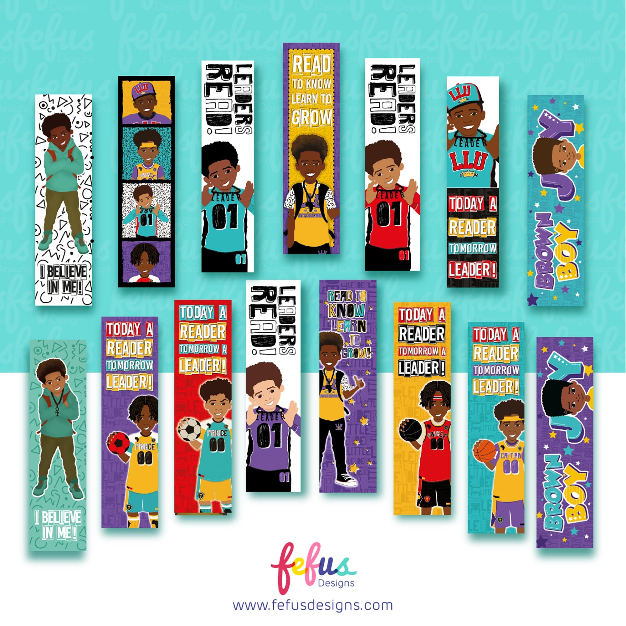 Leaders Read Boys Bookmarks | Diverse Books | Gifts for Bookworms | Readers | Black Brown Boy Joy Art | Empowering Boy | Fefus