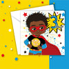 Elevate your celebration with our Black Boy 3rd Birthday card, embracing diversity. Personalize the interior for a special touch. High-quality TruCard, worldwide shipping. Perfect for your little superhero!