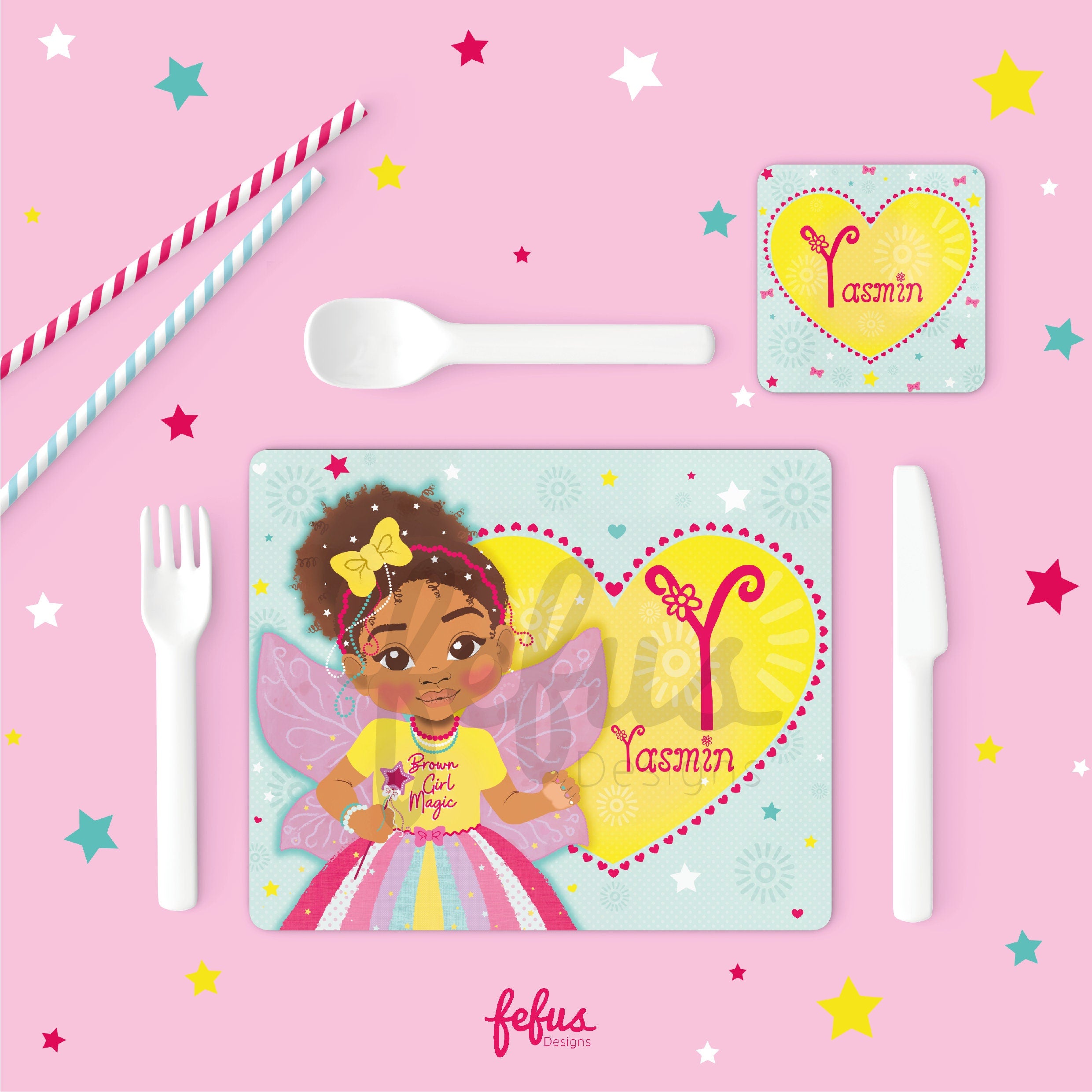 Personalised Mixed Girl Magic Placement & Coaster Set | African American Girls Custom Name Gift For Kids Dinner Set, Tableware Gift for Kids