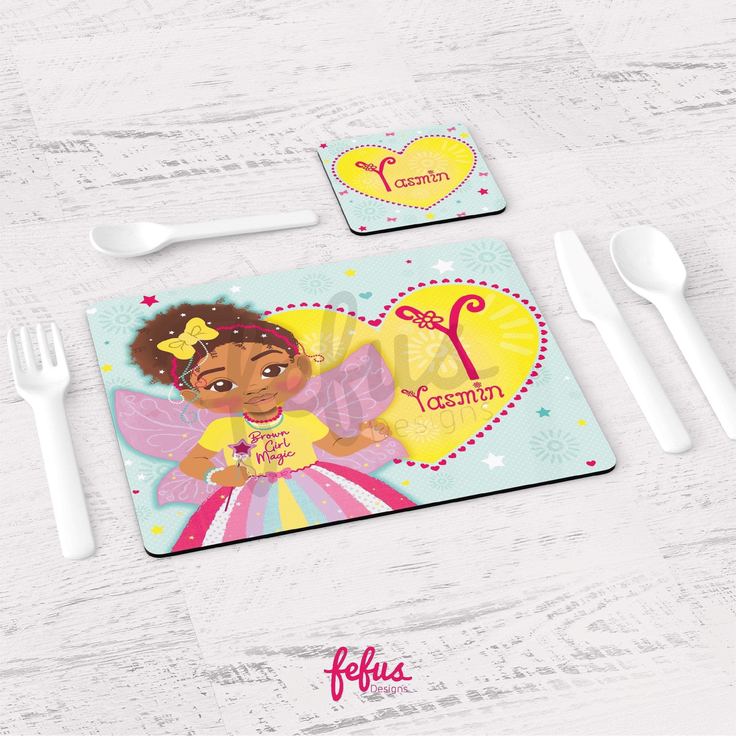 Personalised Mixed Girl Magic Placement & Coaster Set | African American Girls Custom Name Gift For Kids Dinner Set, Tableware Gift for Kids