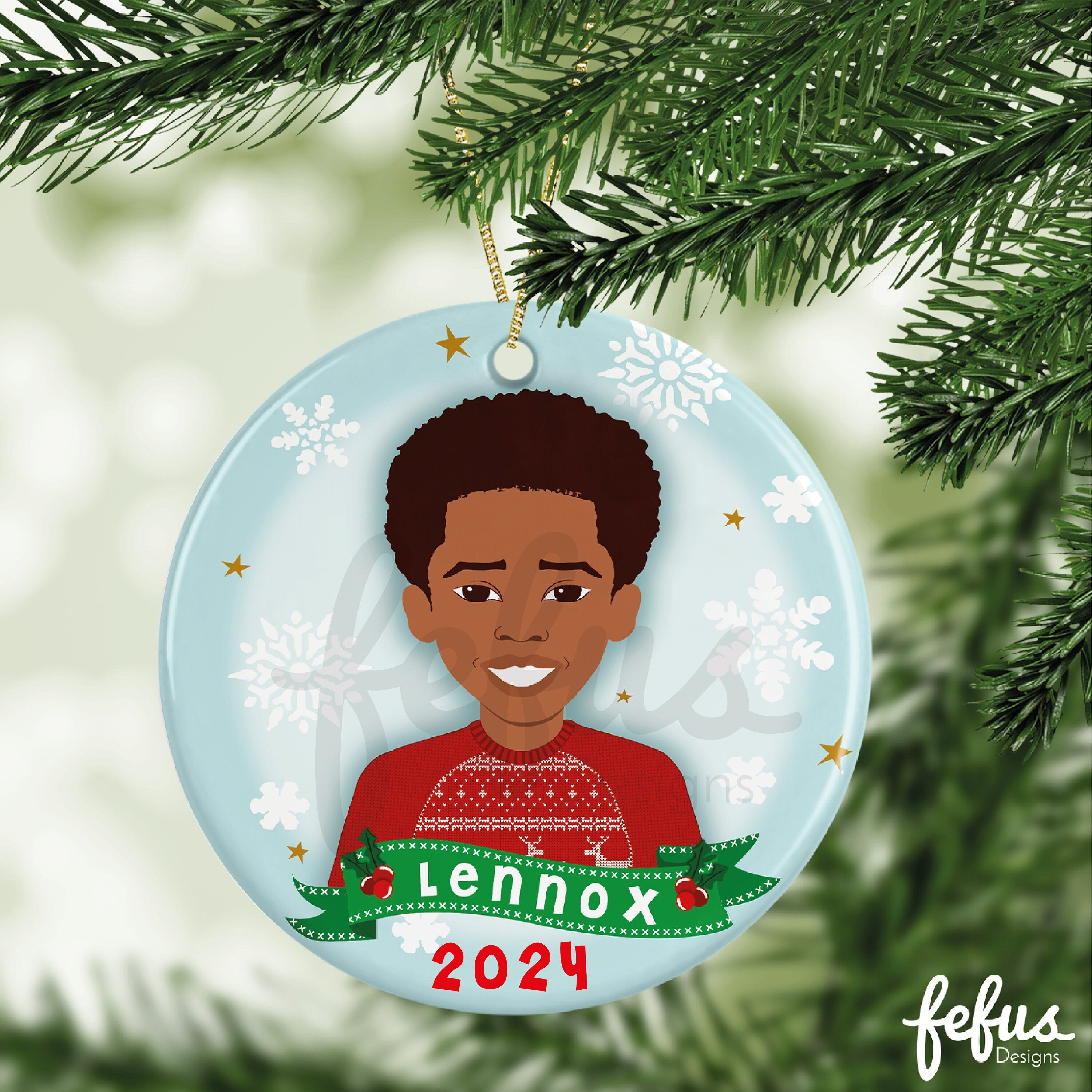 Personalised 2024 Brown Boys Christmas Bauble, kids Ceramic Christmas Ornament, Custom Gift, Mixed Race Bauble, Christmas tree ornament.