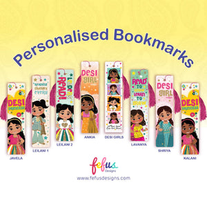 Set of personalized bookmarks with illustrations and text on a yellow background, featuring the brand 'fefus Designs'.