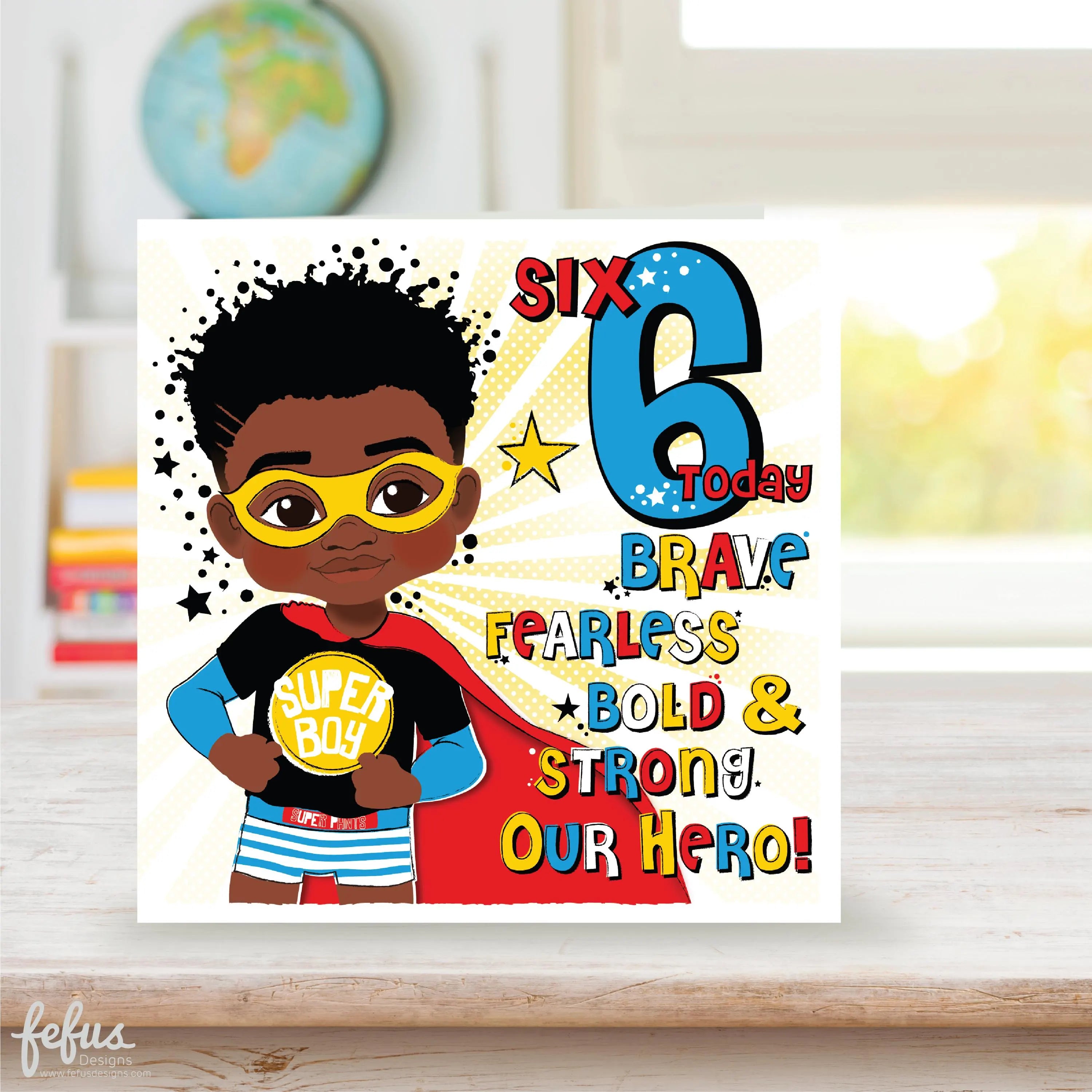 Black Superhero Sixth Birthday - Black Boys Birthday Card | Fefus designs