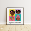 My Brown Is Beautiful art print featuring four brown girls with natural hairstyles, colourful children's wall art celebrating identity and confidence.