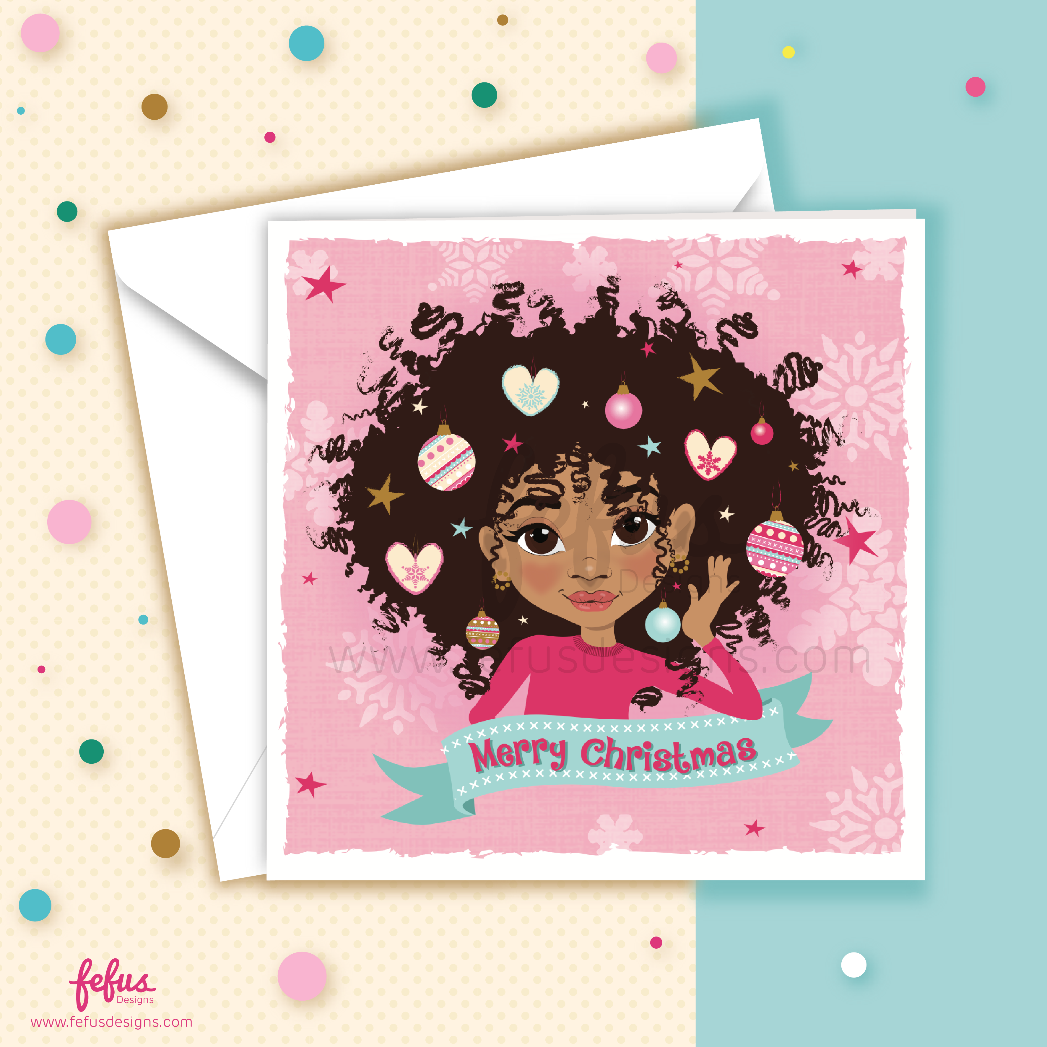 Merry Christmas Brown Afro Princess Card | Diverse Kids Holiday Greeting | Fefus Designs