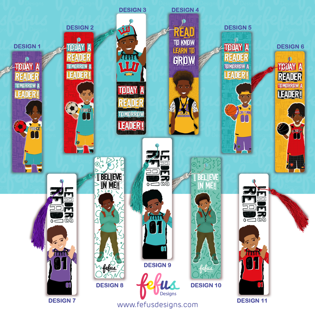 Personalised boys bookmark featuring colourful Black and brown boy characters, designed as a diverse children's reading gift. 