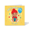 A colorful birthday card featuring an illustration of a baby boy in a traditional Joora wearing a red hat and blue shirt, with a balloon and stars decoration the background. The card reads 'Happy Birthday To You!' and has a blank inside for a personal message.