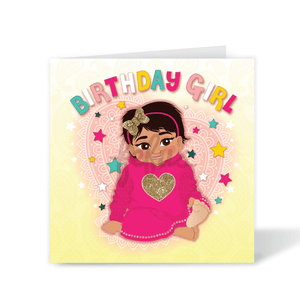 A magical square birthday card featuring a hand-drawn illustration of a joyful South Asian baby girl surrounded by stars and a heart-shaped 'Birthday Girl' emblem, part of the Heritage Hero Collection by Fefus Designs.