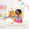 A colorful birthday card featuring an illustration of a Black girl with a '1st Birthday' theme, with stars, planets, and the text 'birthday girl'.