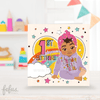 A colorful birthday card featuring an illustration of a mixed race girl with an afro, surrounded by stars and decorations, with the text '1st Birthday' and 'Brown Skin Girl'.