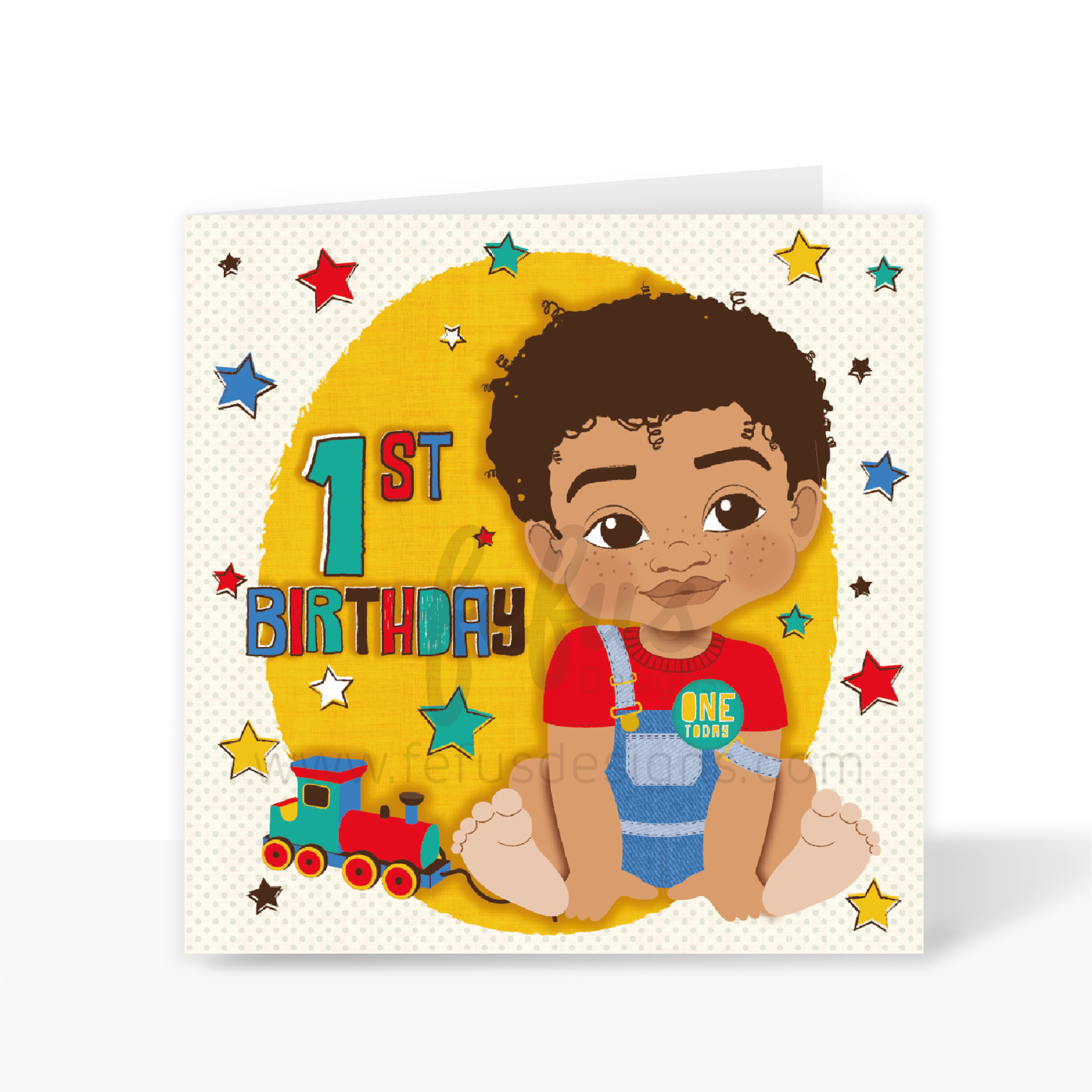 A colourful birthday card featuring an illustration of a mixed race boy with a train and stars, with the text '1st Birthday' and 'Happy Birthday'.

A colourful square 1st birthday greeting card for boys featuring a hand-drawn illustration of a joyful mixed-race baby boy with curly hair, set against a vibrant background with a train and stars. The text reads '1st Birthday' 