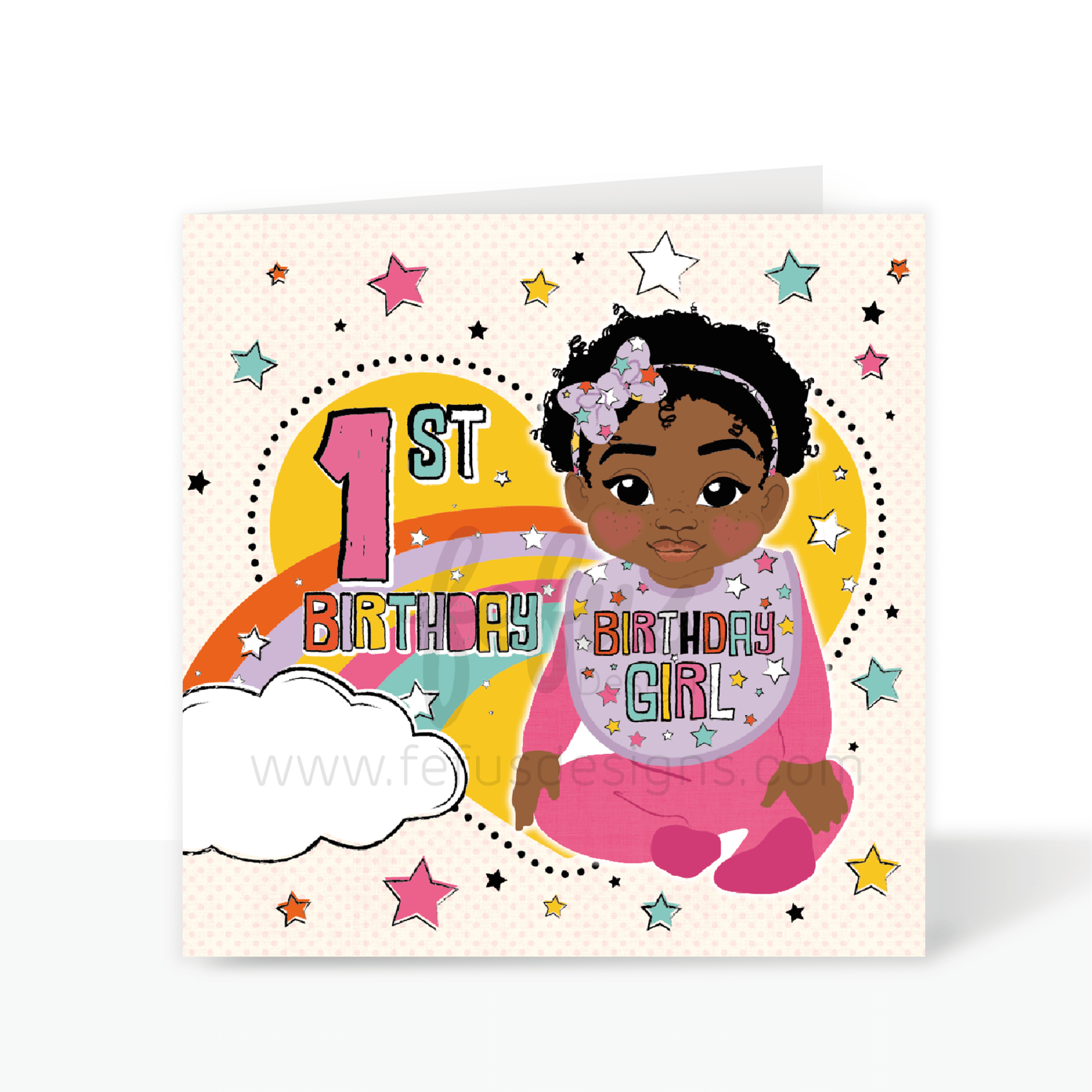 A vibrant square 1st birthday greeting card for girls, featuring a joyful hand-drawn illustration of a Black girl with afro puffs on a colourful background with the text 