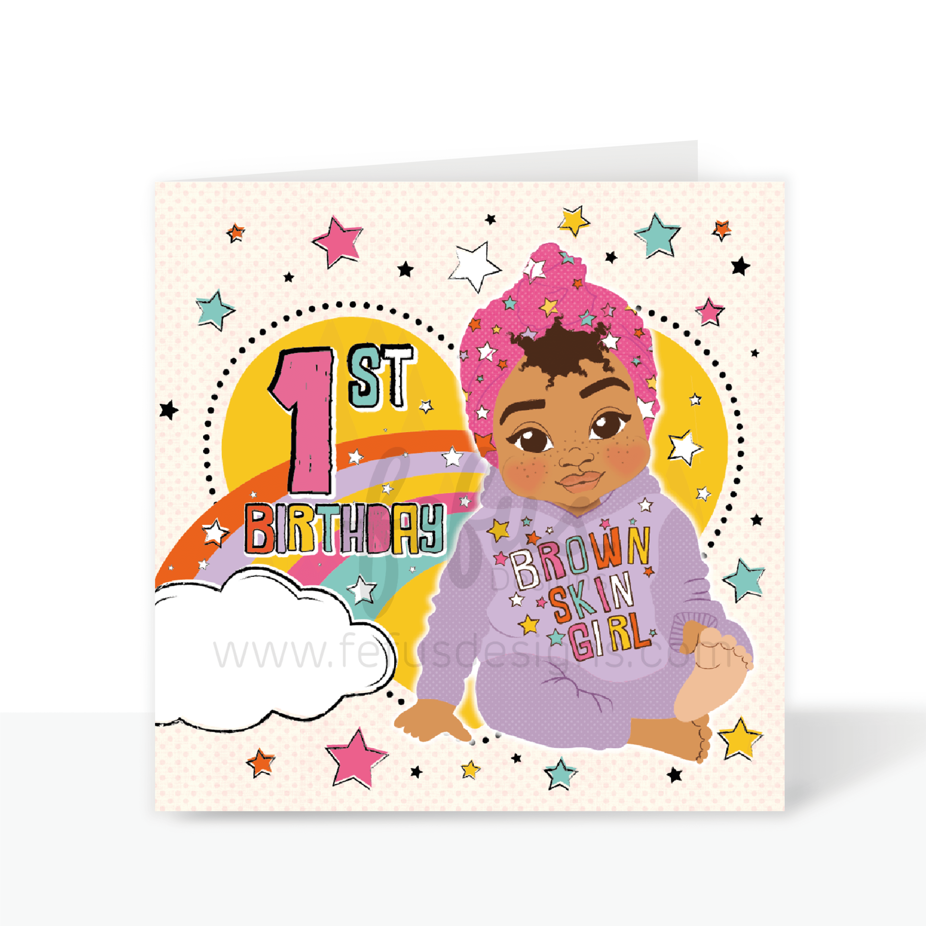 A vibrant square 1st birthday greeting card for girls, featuring a joyful hand-drawn illustration of a mixed-race girl with afro puffs on a colourful background with the text "1st Birthday".