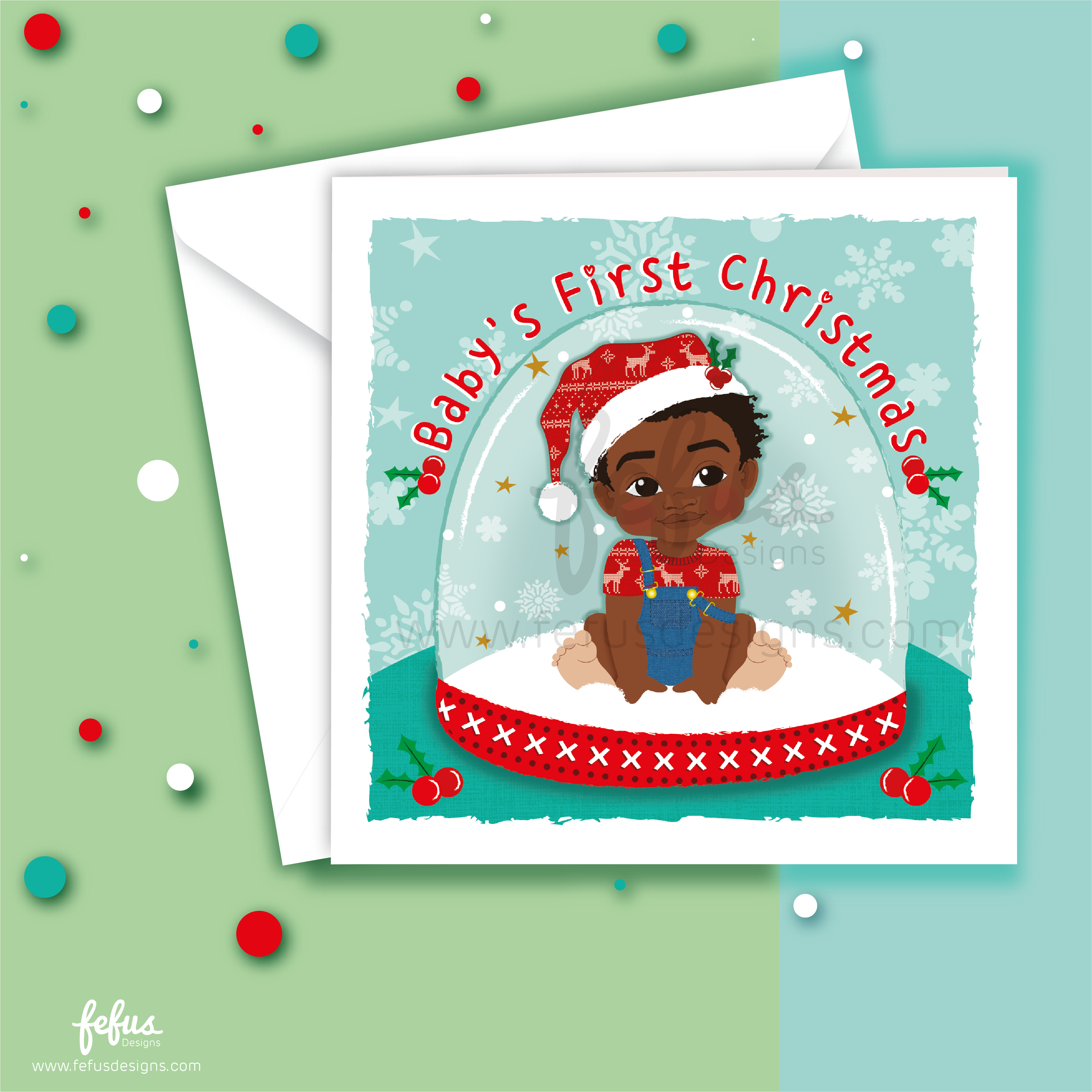 Snow Globe - Black Baby Boy's First Christmas Card | Fefus designs