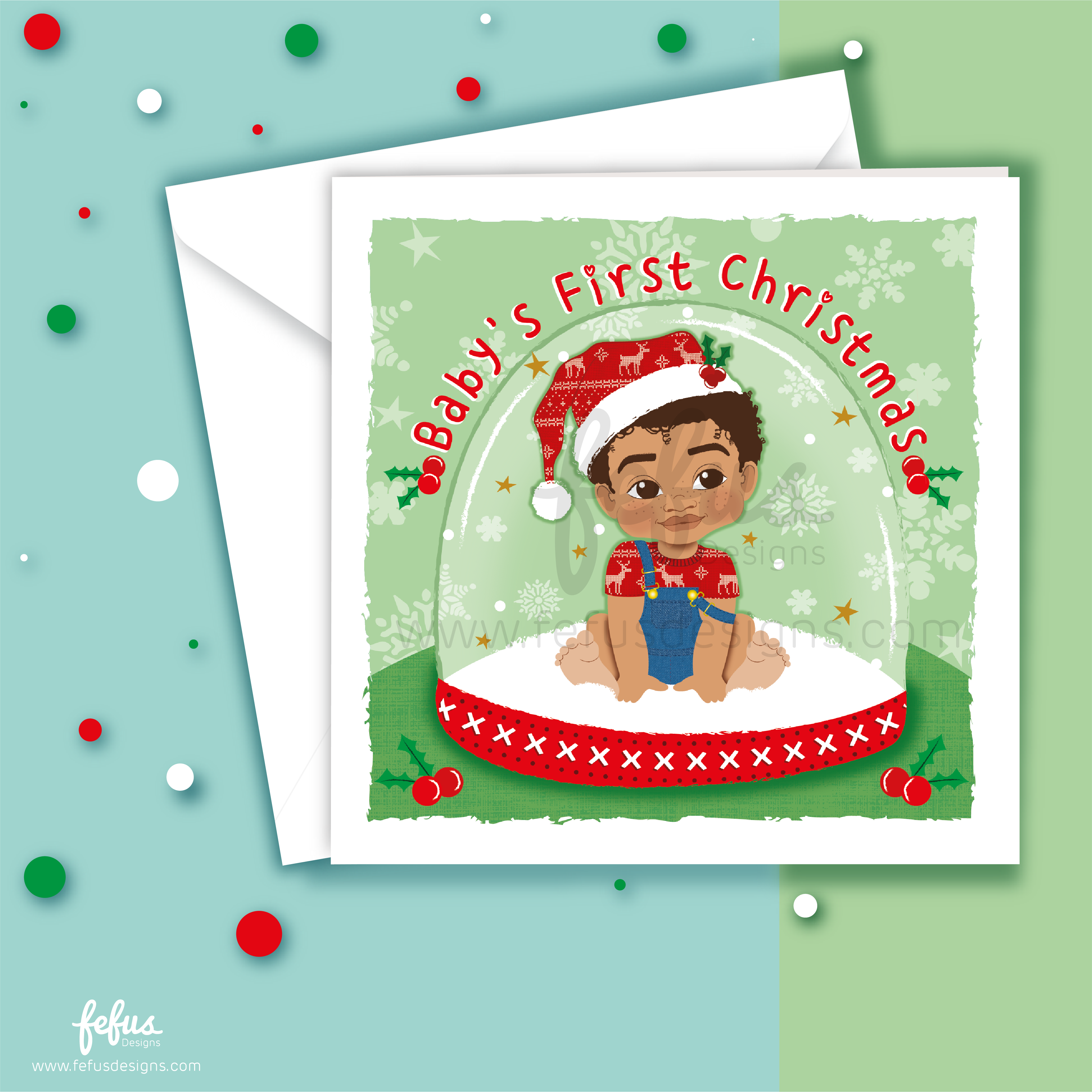 Snow Globe - Brown Baby Boy's First Christmas Card | Fefus designs