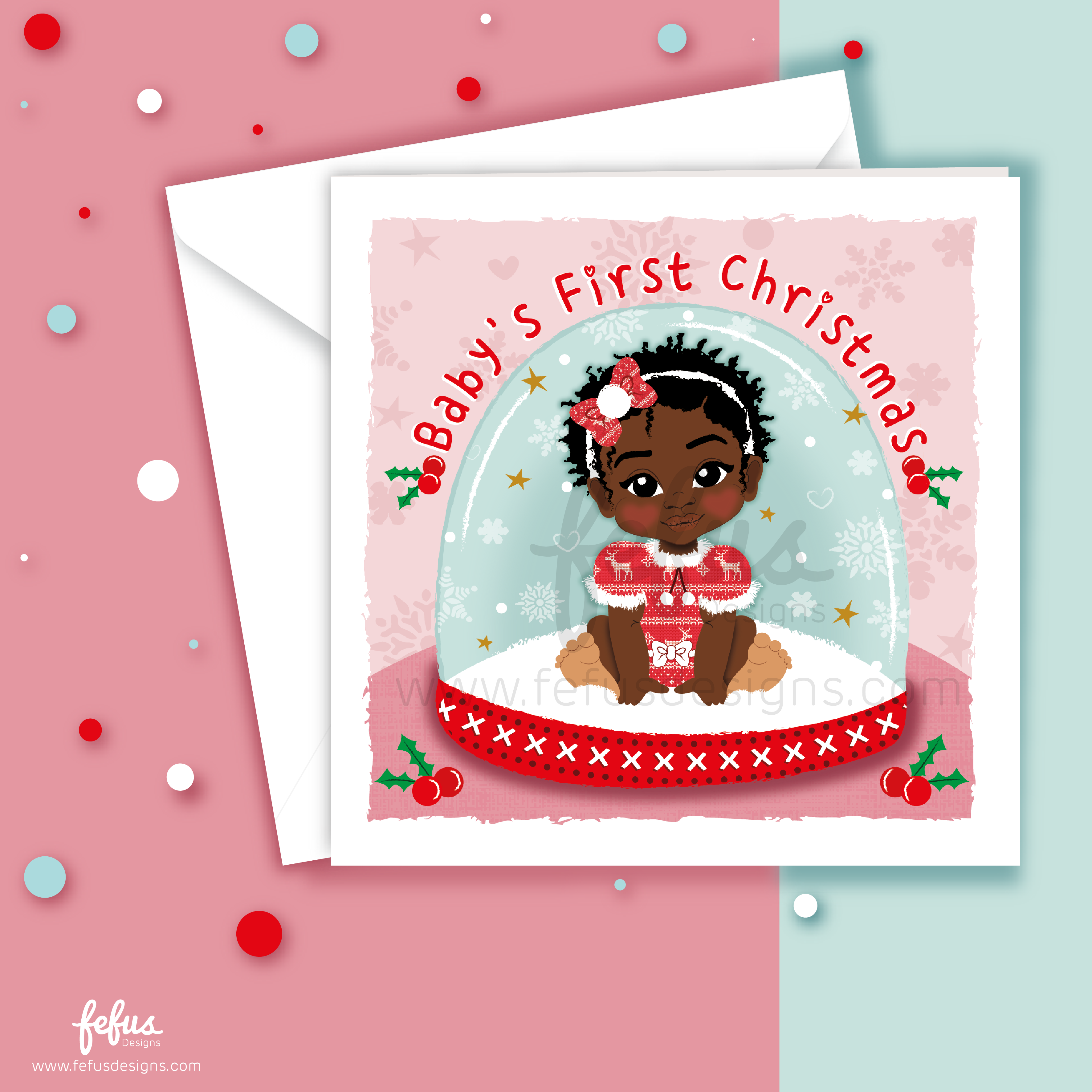 Snow Globe - Black Baby Girl's First Christmas Card | Fefus designs
