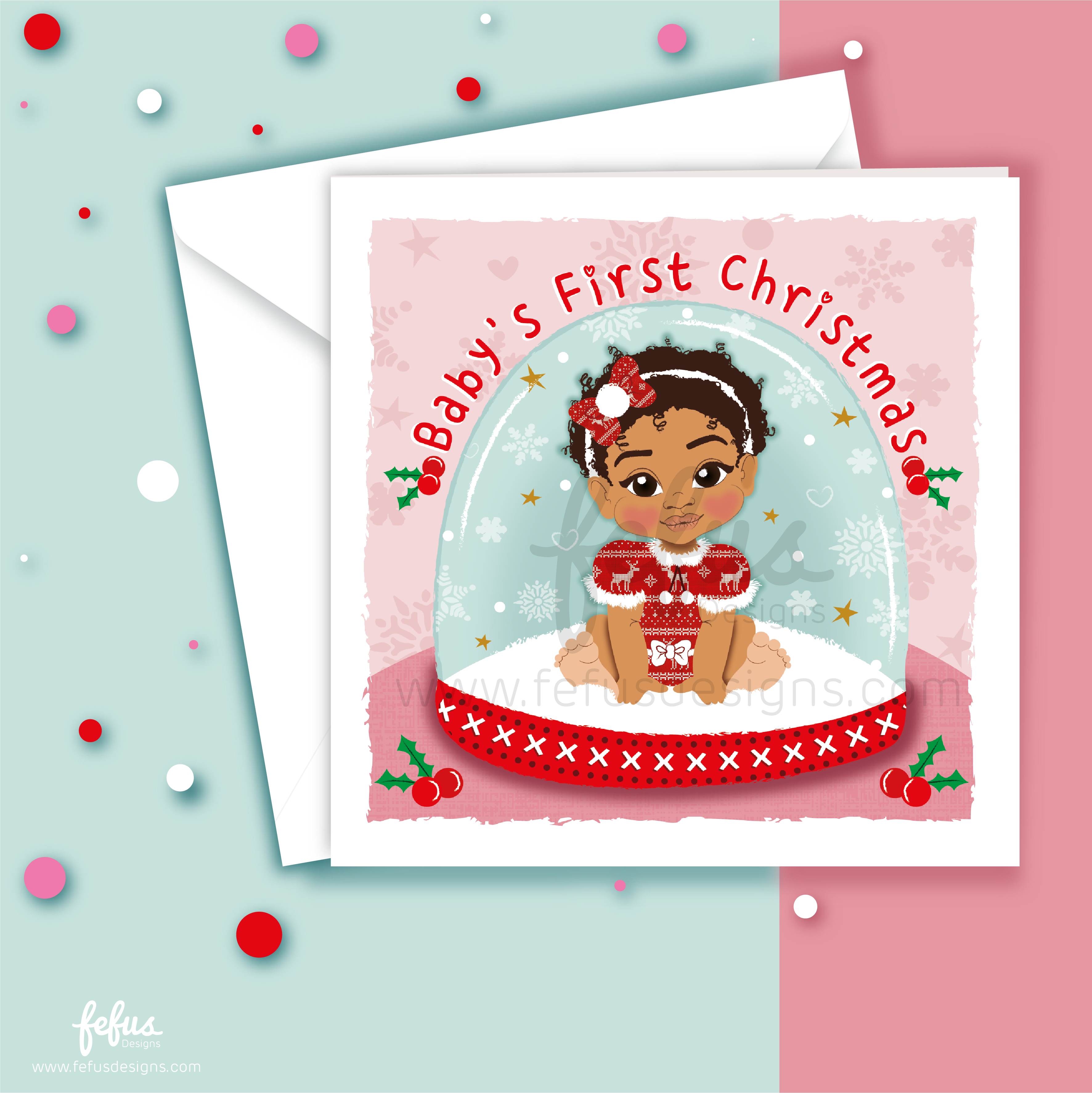 Snow Globe - Brown Baby Girl's First Christmas Card | Fefus designs