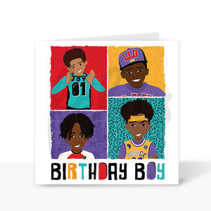 A birthday card featuring four boys of color (two Black, one brown, and one mixed-race). 