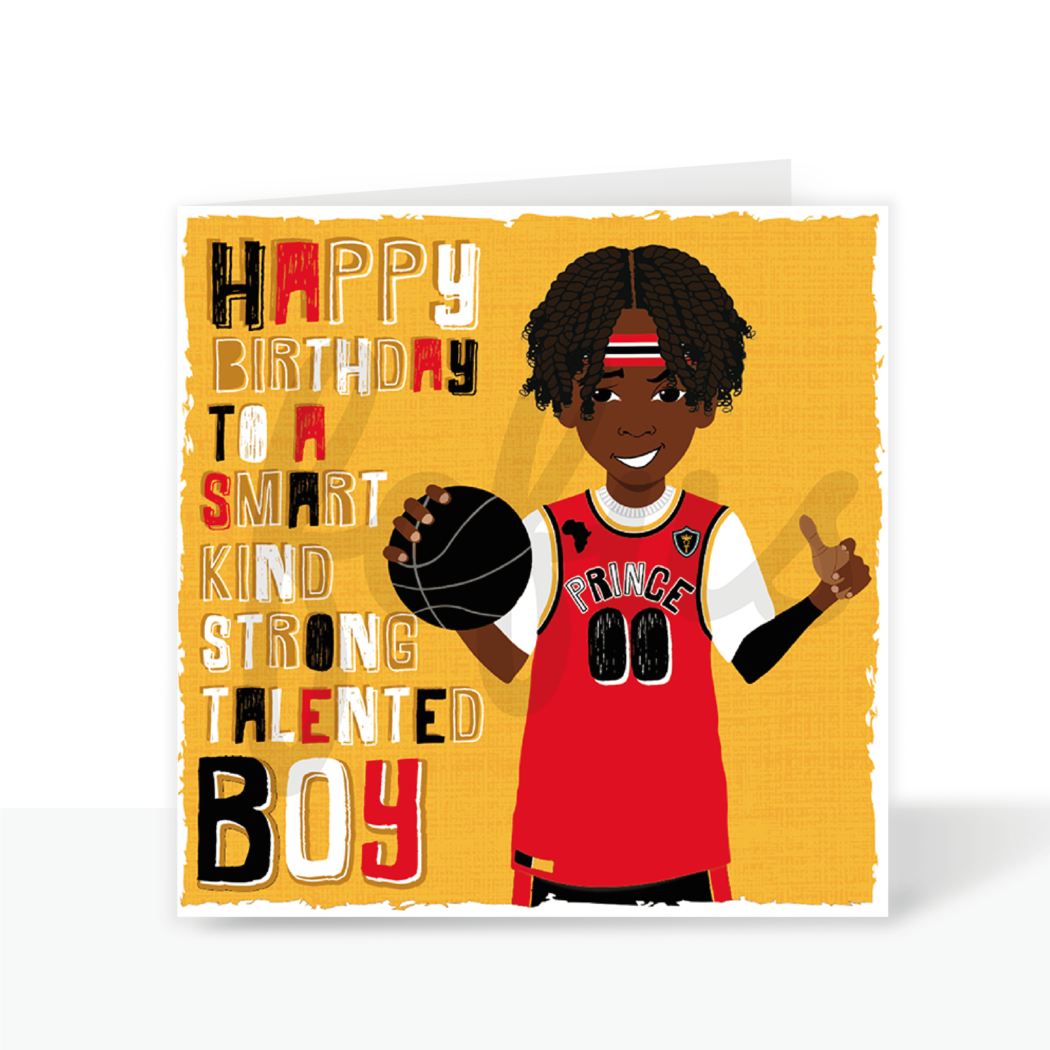 A birthday card featuring a Black boy holding a basketball against a yellow background. He is wearing a red basketball uniform. 