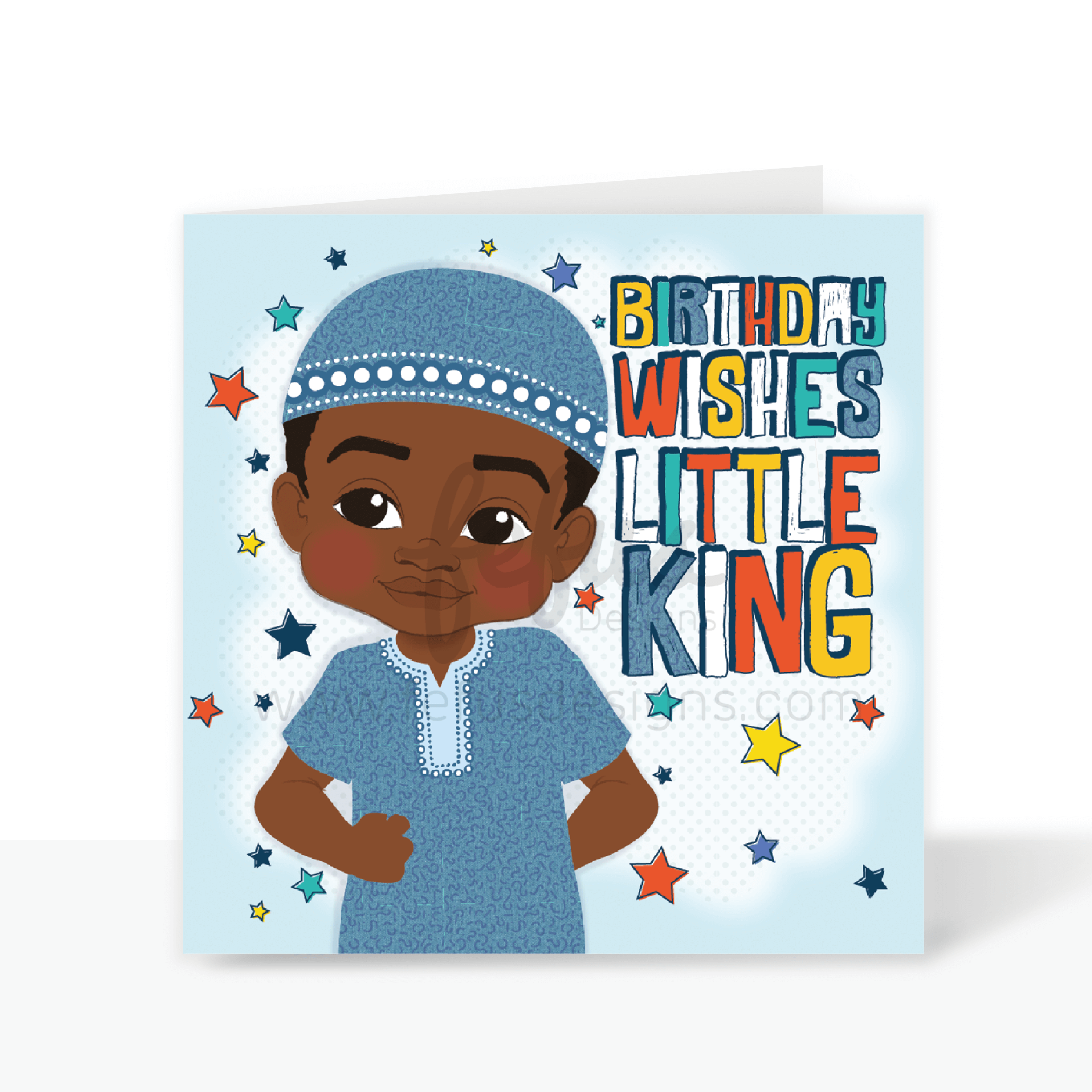 A birthday card featuring a Black Muslim boy wearing a kufi hat with the words (Happy birthday King)