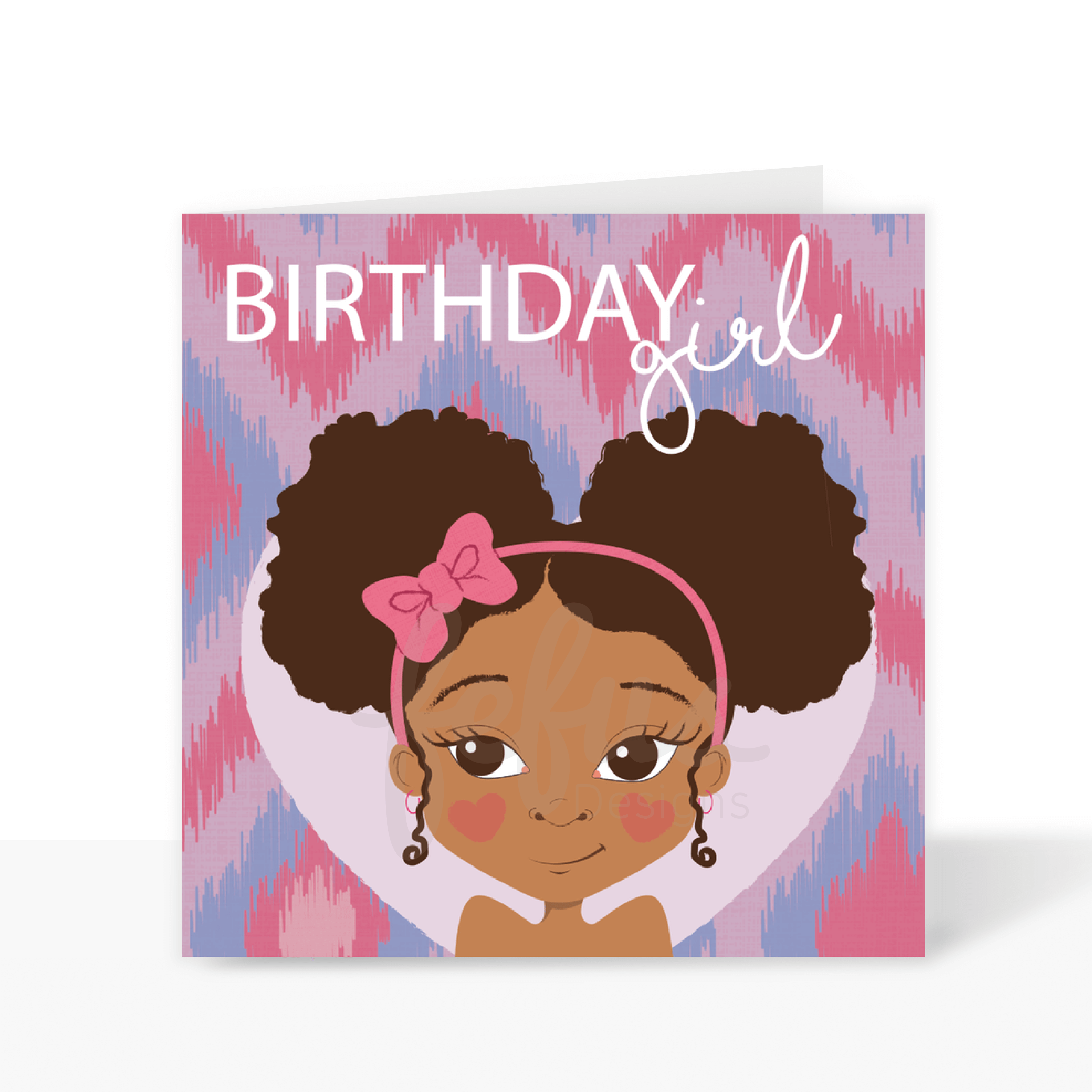  A colorful birthday card with an illustration of a mixed-race girl named Ayana. She has dark curly hair styled in afro puffs and a joyful expression.
