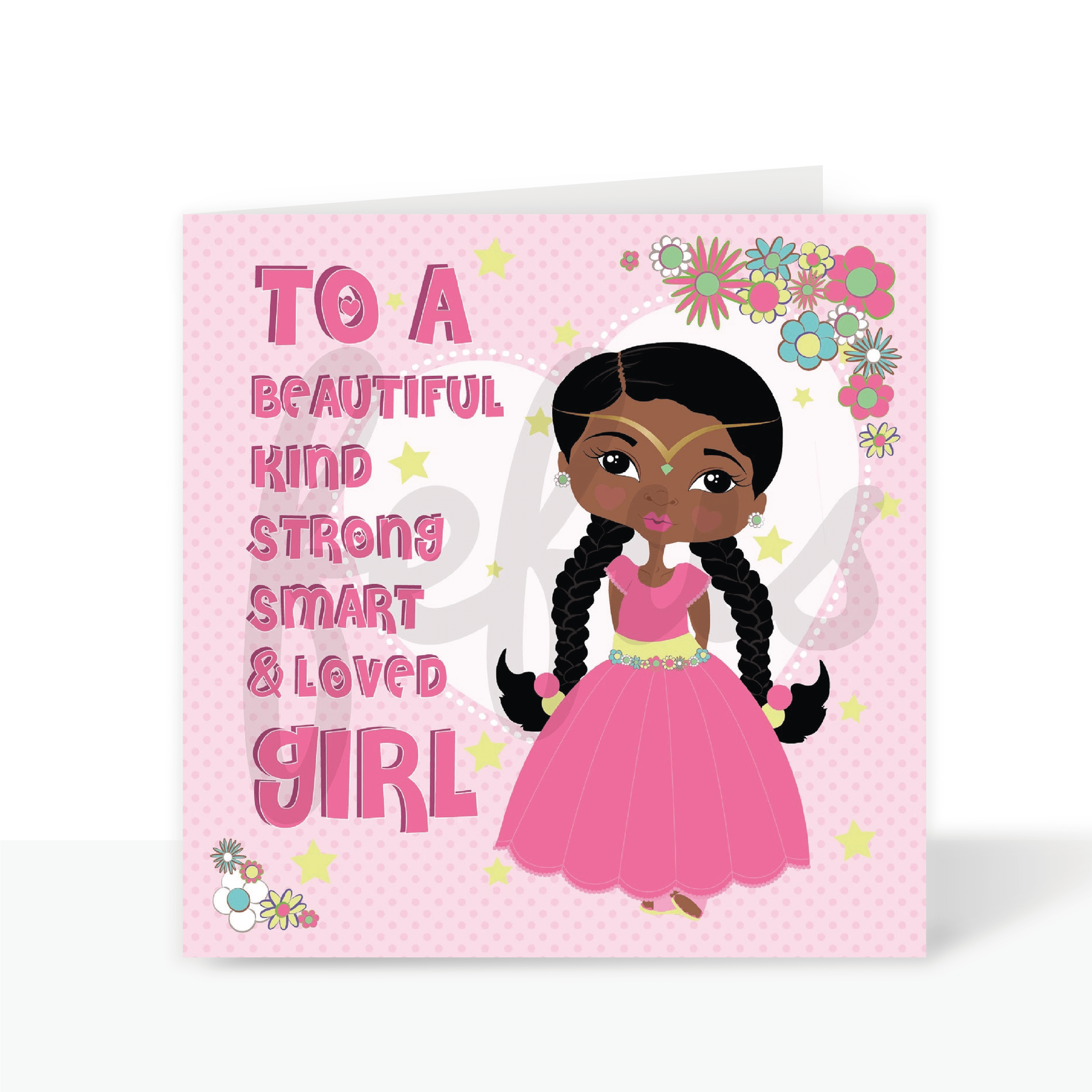 A birthday card featuring a Black girl dressed as a princess against a pink background