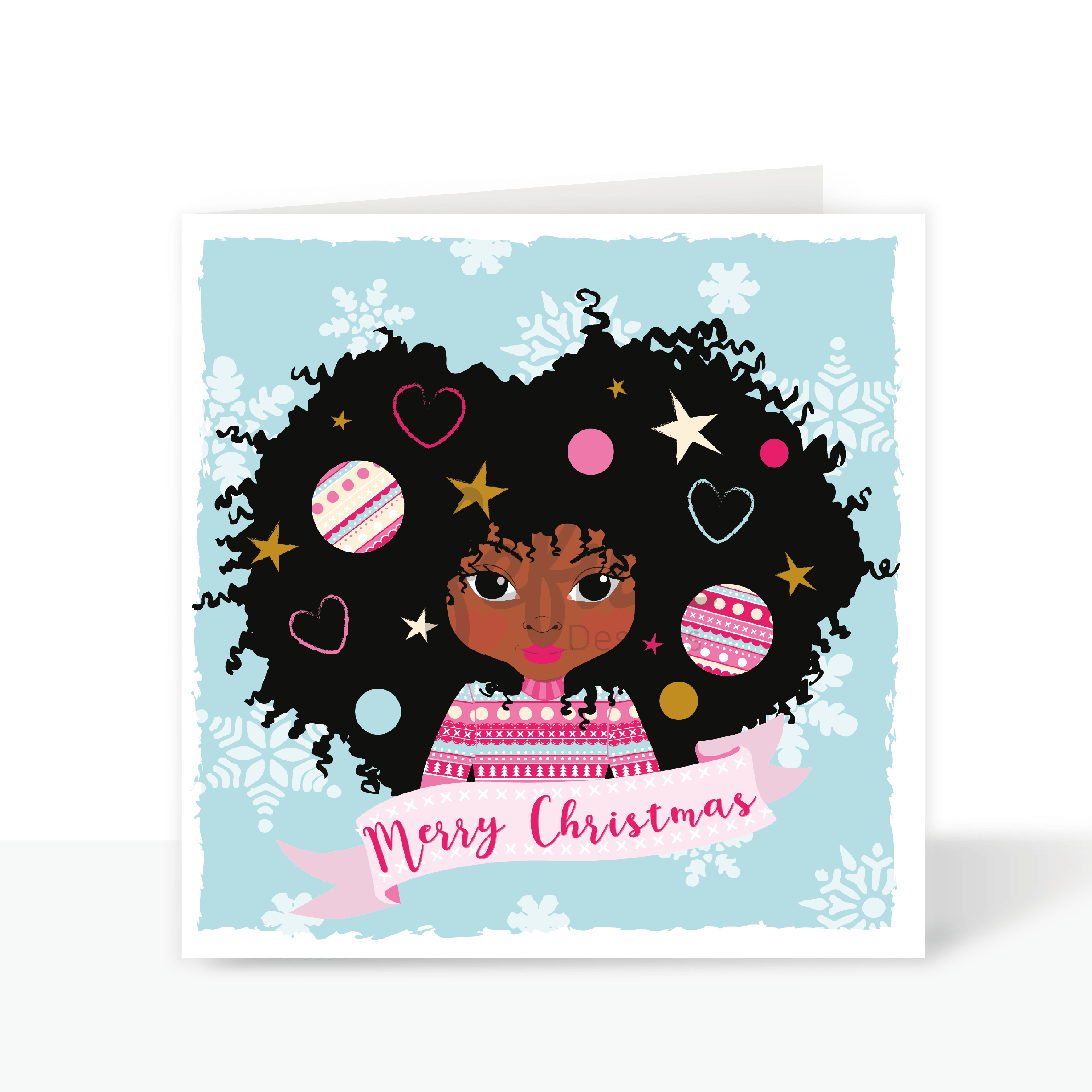 Decorated Afro Girl V2 - Black Christmas Card | Fefus designs