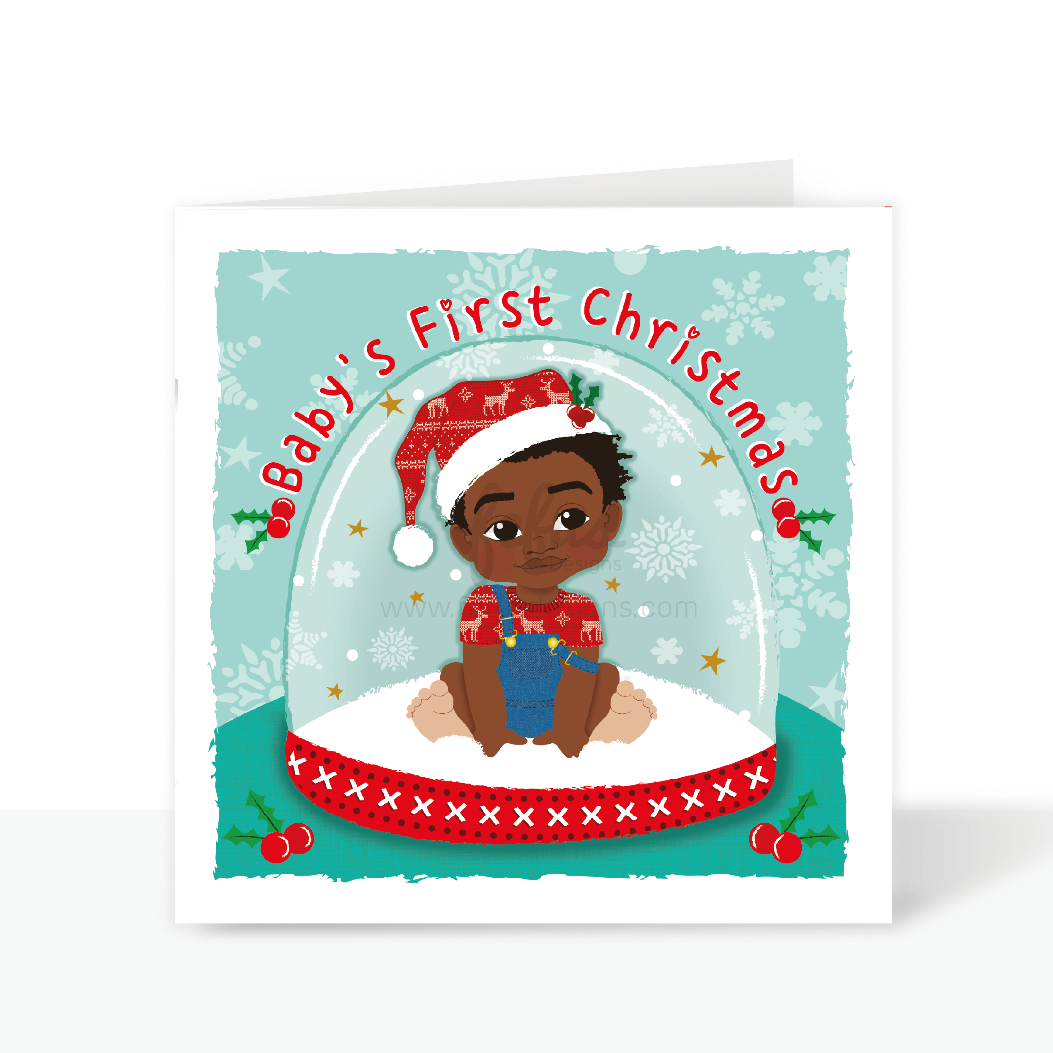 Snow Globe - Black Baby Boy's First Christmas Card | Fefus designs