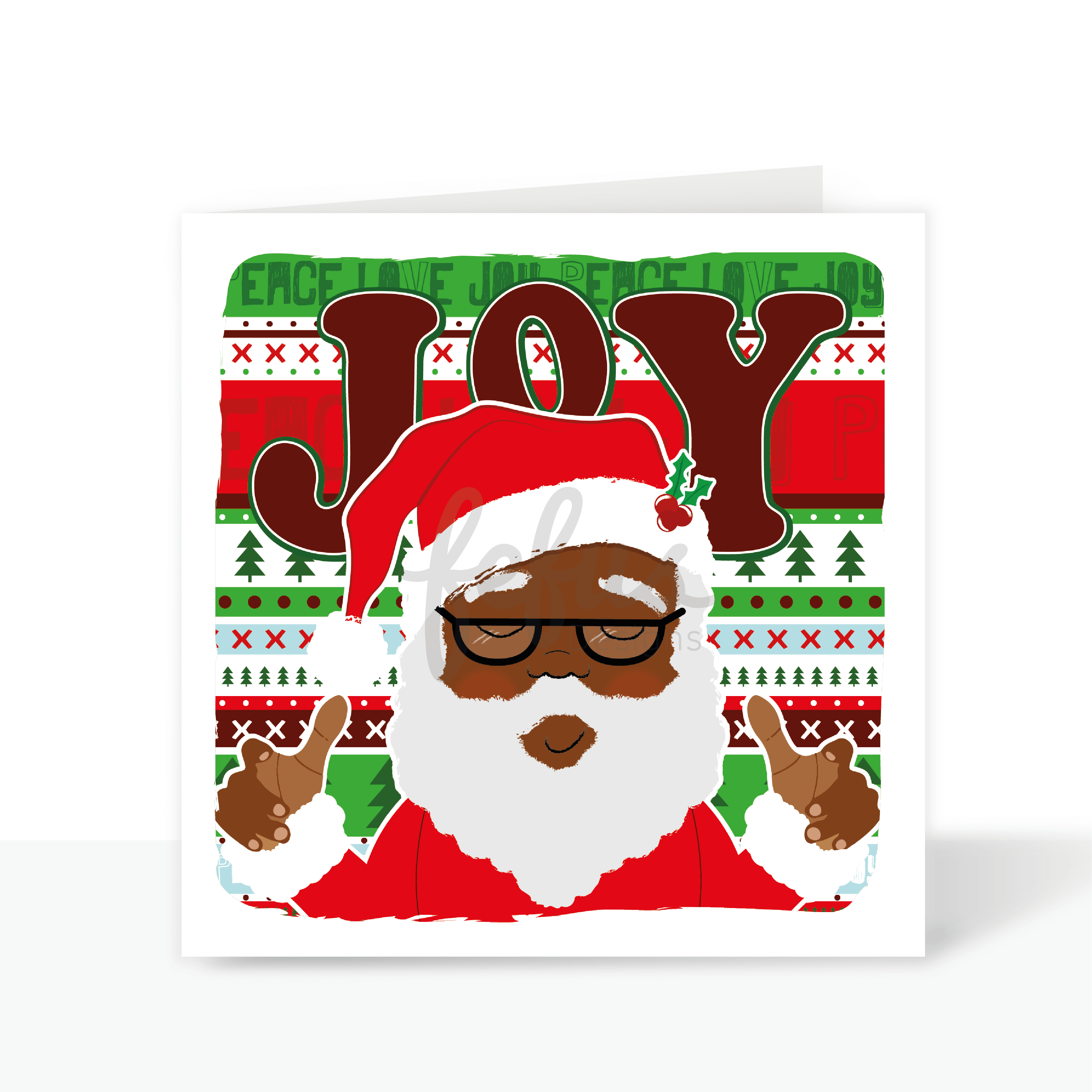 A Christmas card featuring a Black Santa character dressed as Santa Claus holding his hands up. (75 characters)