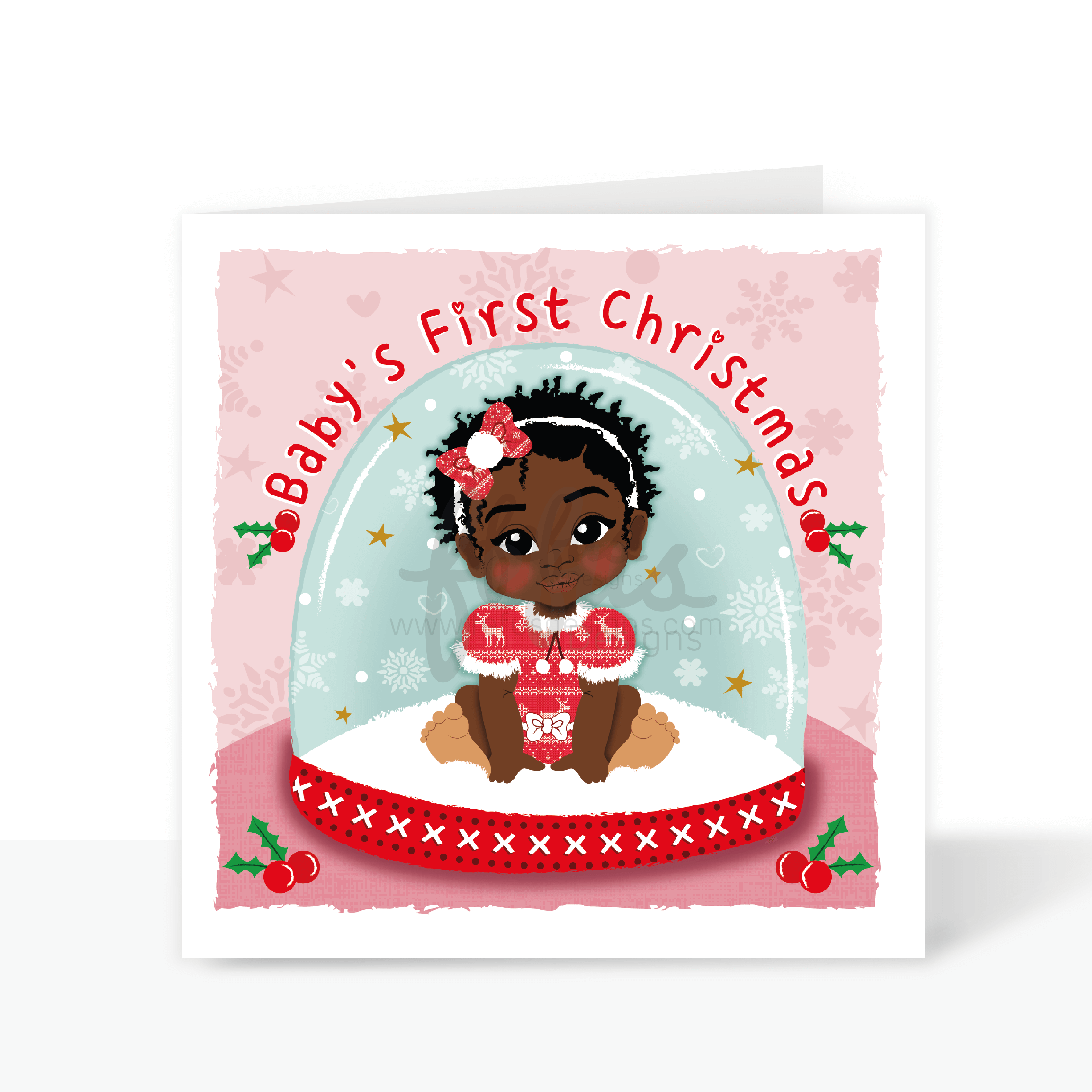 Snow Globe - Black Baby Girl's First Christmas Card | Fefus designs
