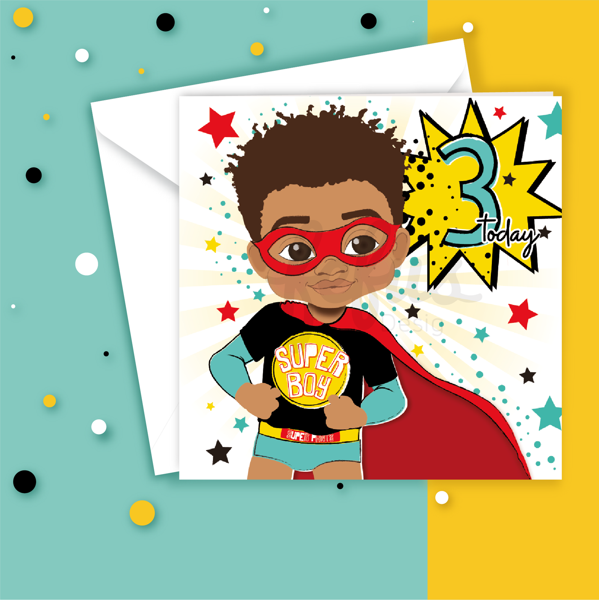 Third Birthday - Mixed Race Super Hero Boy Birthday Card | Fefus designs